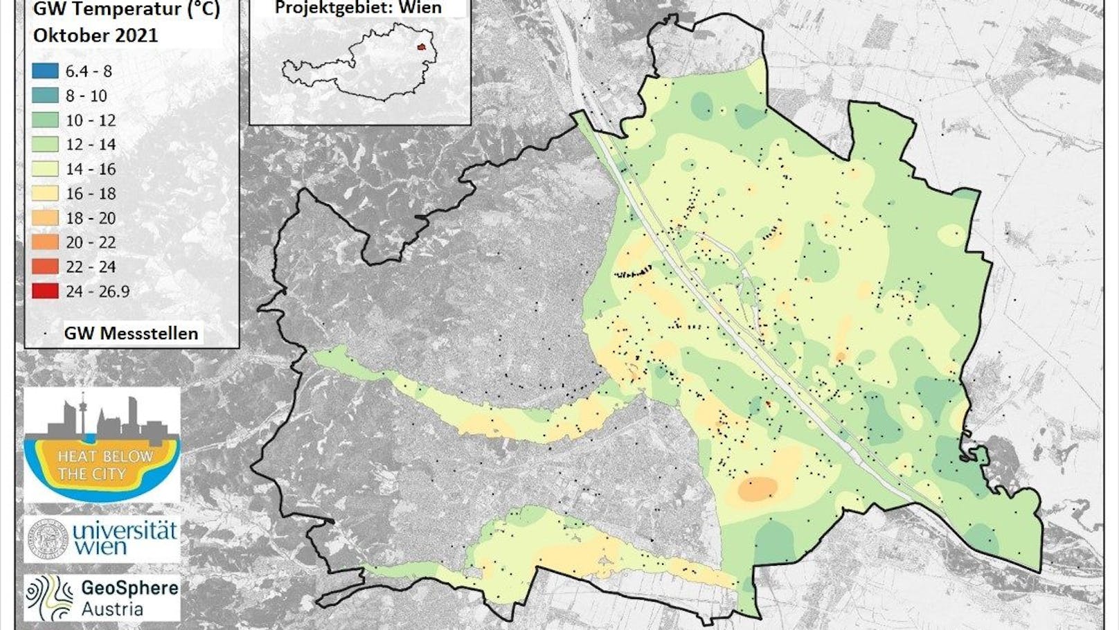 Die Grafik zeigt die Daten der Messung im Oktober, wenn die höchsten Werte des Jahres erreicht werden. Stark verbaute Gebiete sind wärmer als große Grünflächen wie die Praterauen und die Lobau.