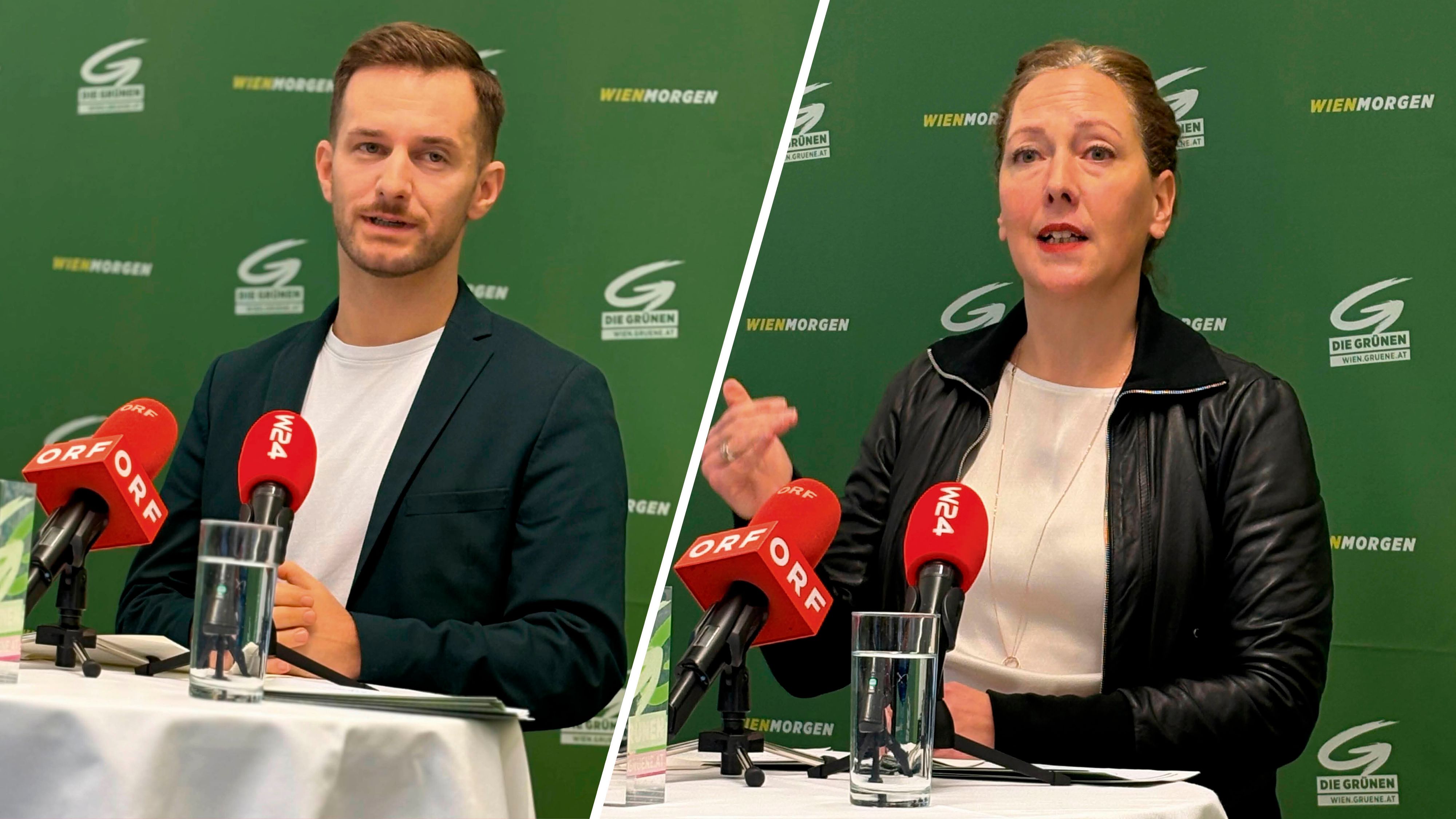 Peter Kraus und Judith Pühringer (v.l.) von den Grünen Wien warnen vor blau-schwarzen Regierung.