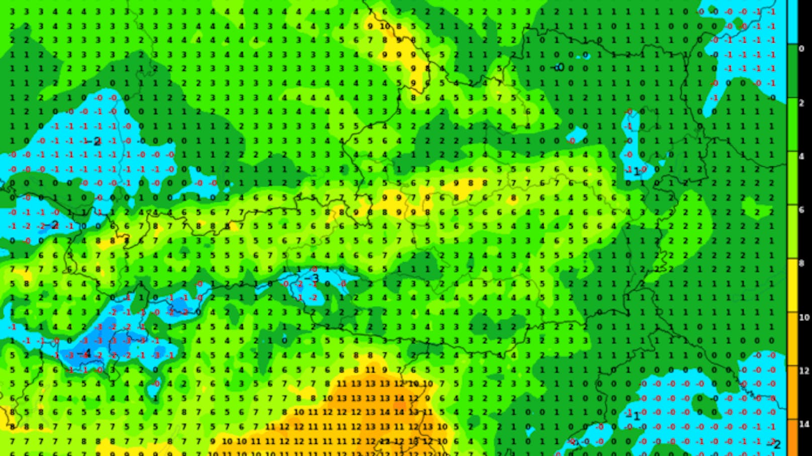 Höchstwerte am Samstag nach dem ICON-Modell. Im Dauergrau verharren die Temperaturen um den Gefrierpunkt, in den mittleren Höhenlagen wird es sehr mild.