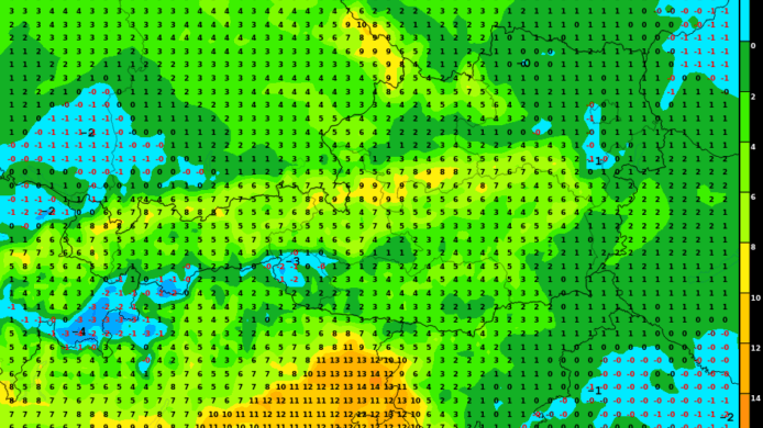 Höchstwerte am Samstag nach dem ICON-Modell. Im Dauergrau verharren die Temperaturen um den Gefrierpunkt, in den mittleren Höhenlagen wird es sehr mild.