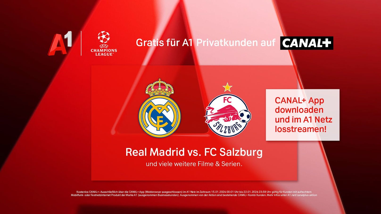 Gratis das UEFA Champions League Match Real Madrid gegen FC Salzburg und weitere Highlights in der Canal+ App für alle bestehenden A1 Privatkunden im A1 Netz.