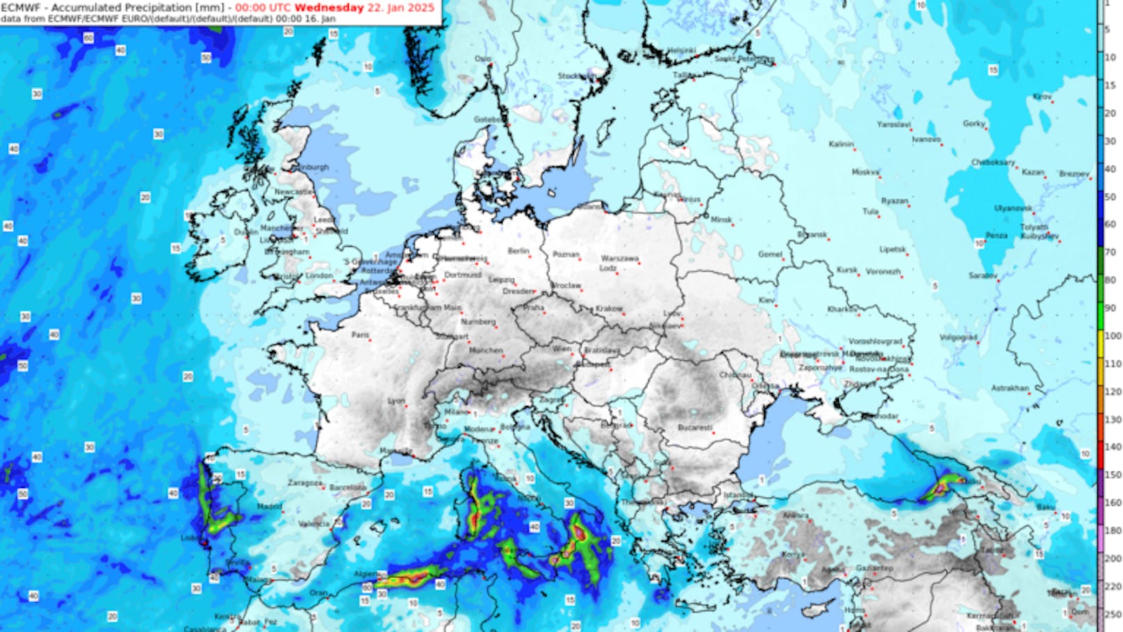 Akkumulierte Niederschlagsmenge in Europa bis Mitte der nächsten Woche nach dem ECMWF-Modell. Von West- über Mittel- bis nach Osteuropa bleibt es häufig komplett trocken.