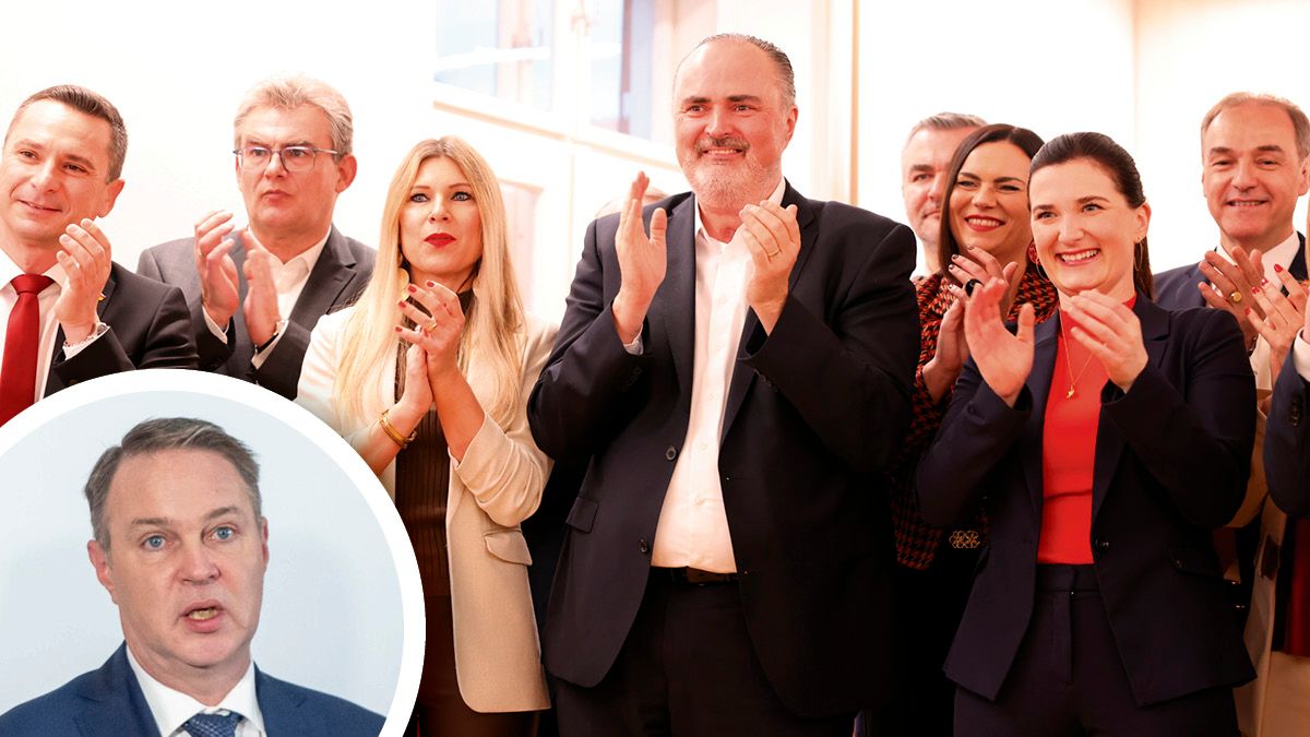 Jubel bei der SPÖ Burgenland mit Landeshauptmann Hans Peter Doskozil am Wahlabend, SPÖ-Chef Andreas Babler hatte mit dem starken Ergebnis für seinen Widersacher wohl weniger Freude.