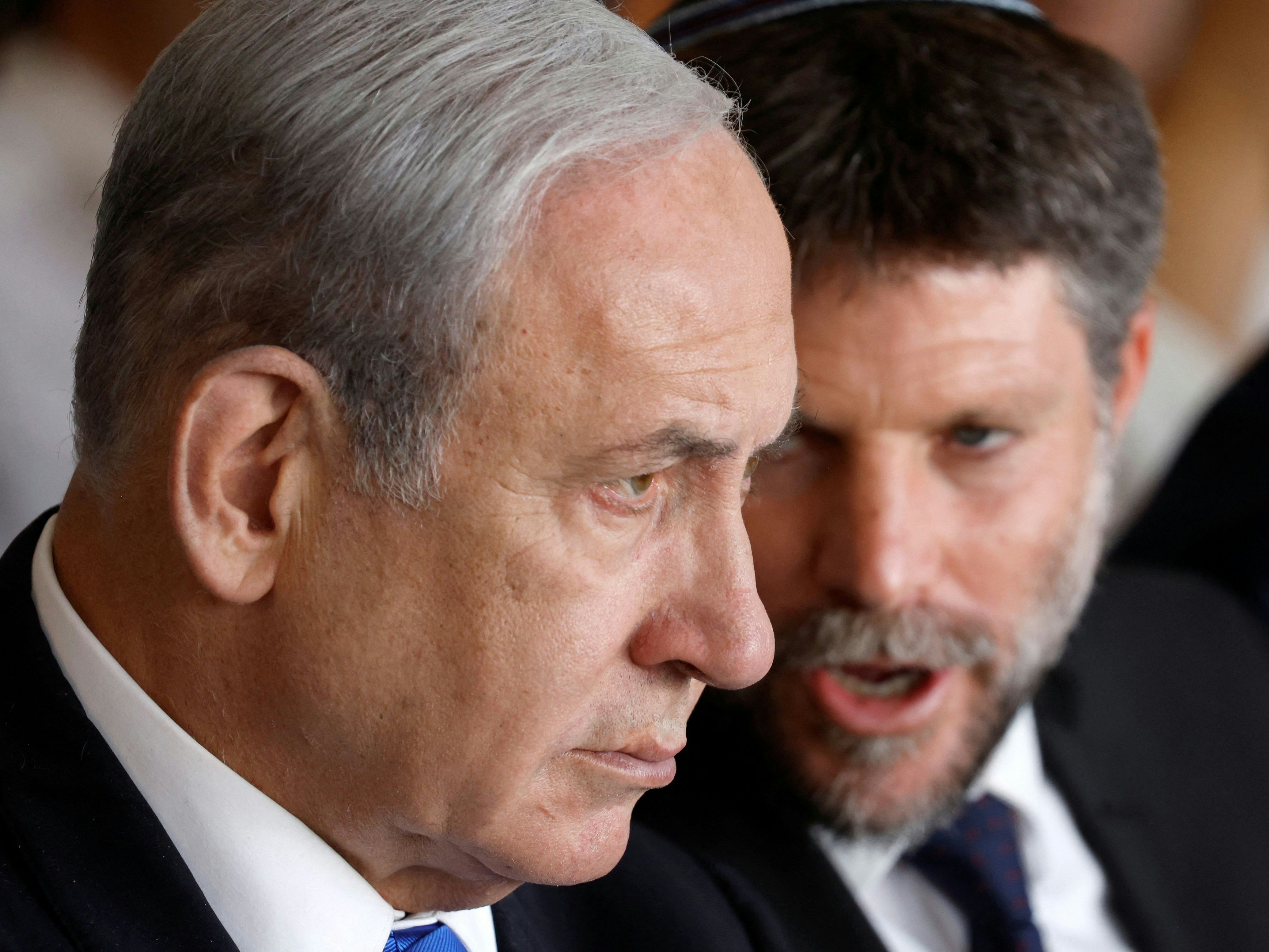 Israeli Prime Minister Benjamin Netanyahu and Israeli Finance Minister Bezalel Smotrich attend an inauguration event for Israel's new light rail line for the Tel Aviv metropolitan area, in Petah Tikva, Israel, August 17, 2023. REUTERS/Amir Cohen