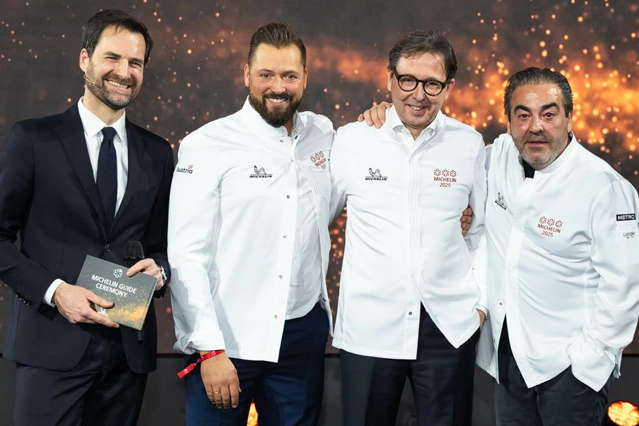 Guides-Chef Gwendal Poullennec mit Michael Bauböck und Heinz Reitbauer vom "Steirereck" und Juan Amador ("Amador"), den einzigen Drei-Sternern in Österreich