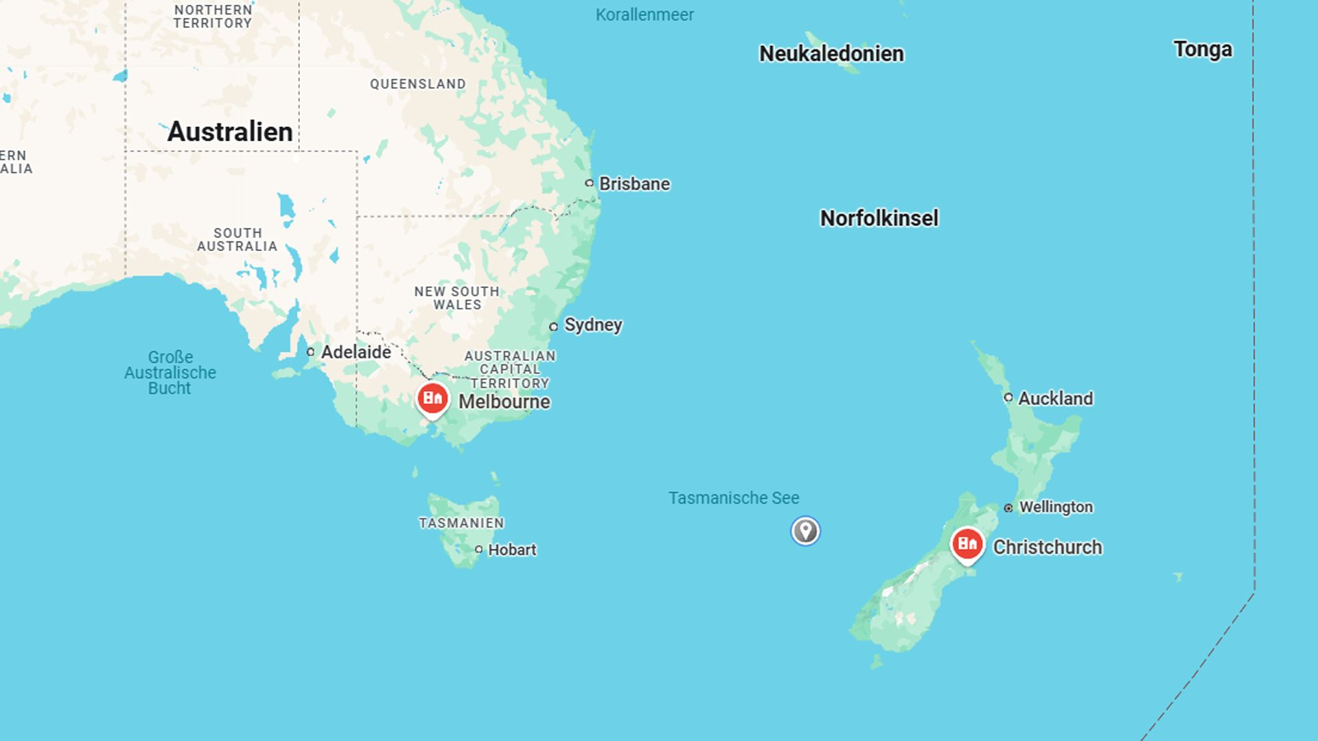 Entfernung Christchurch und Melbourne