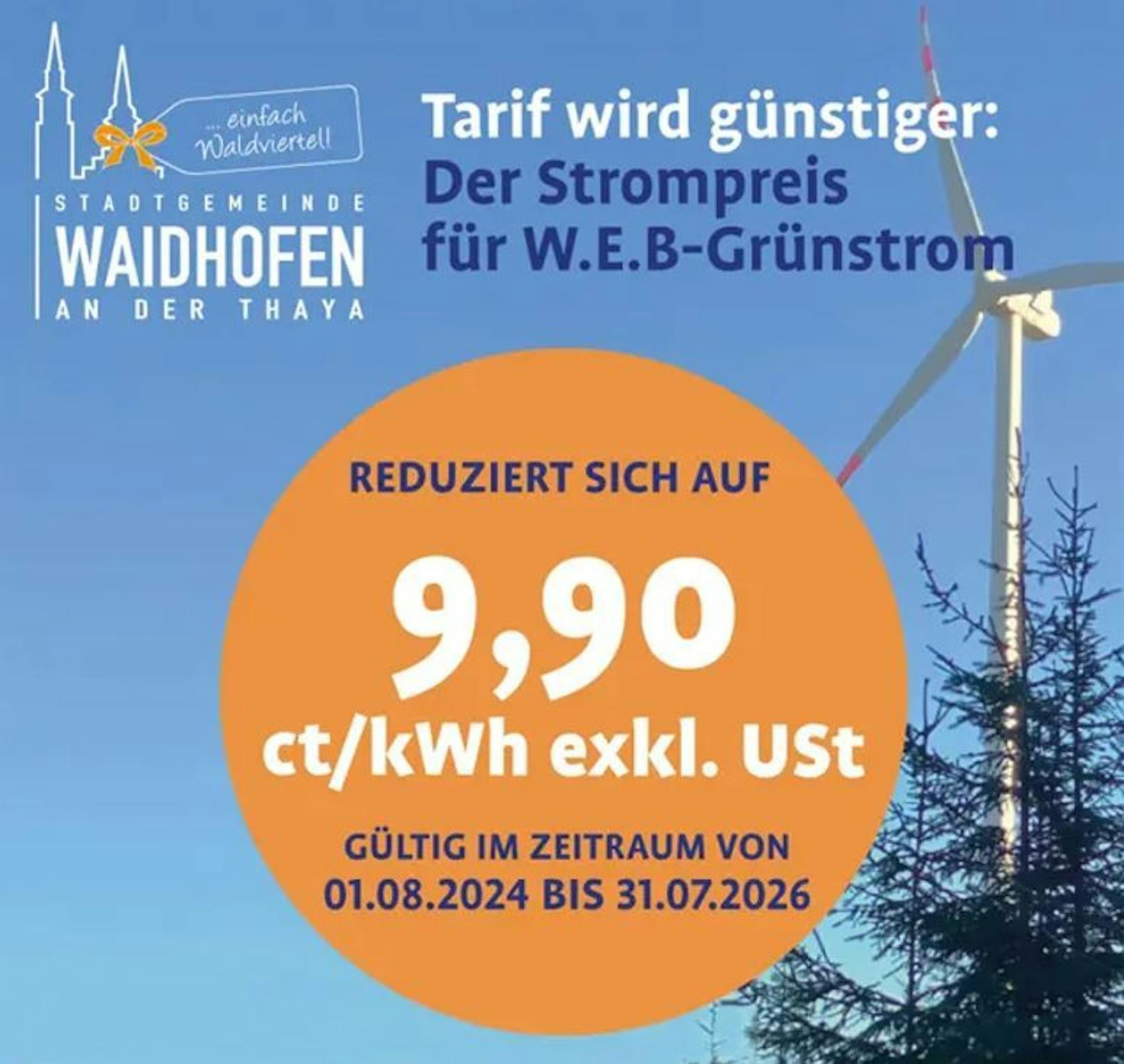 Strompreis für den W.E.B.-Grünstrom in der Stadtgemeinde Waidhofen an der Thaya