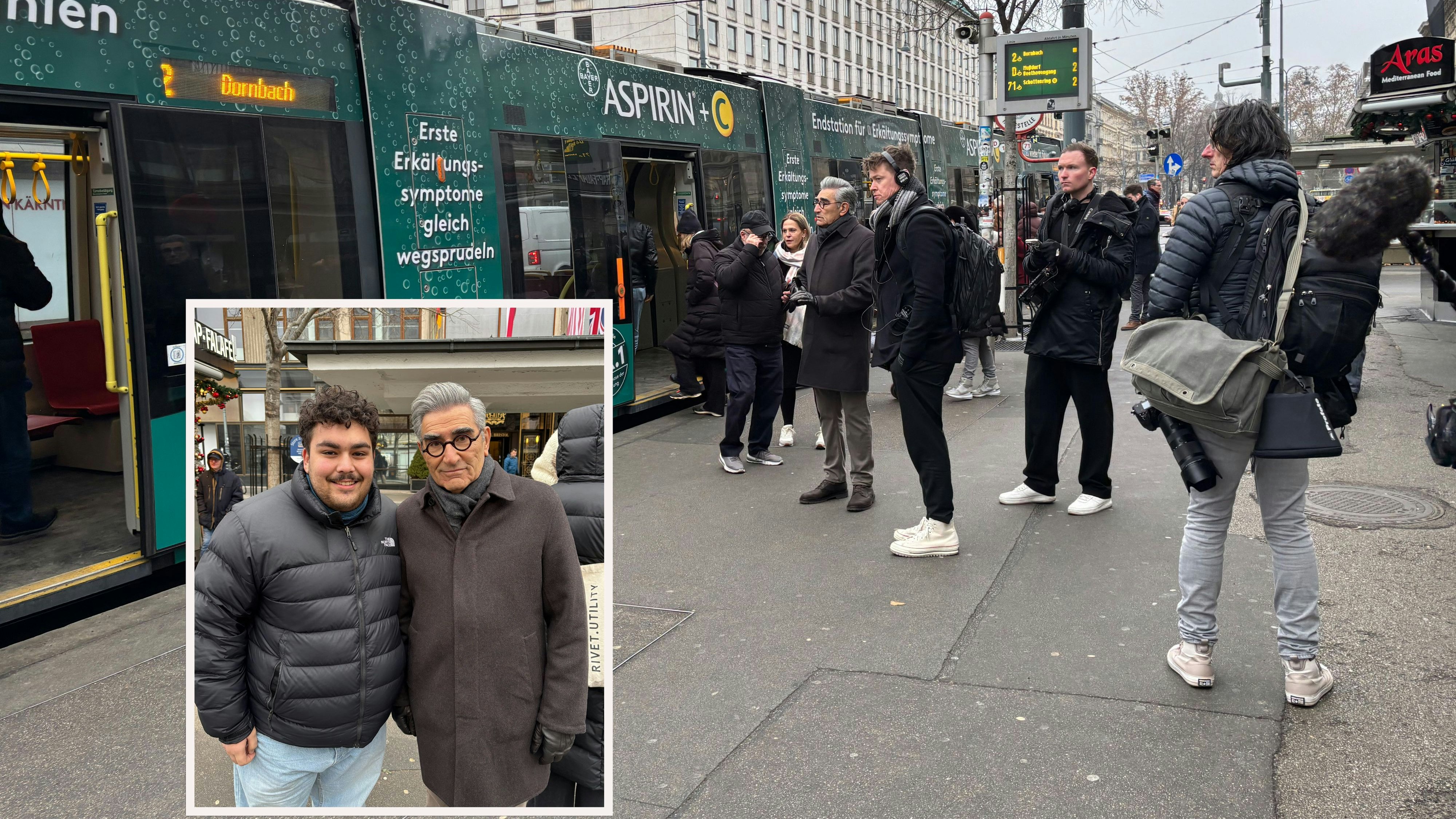 "Heute"-Reporter Navid Vaziri traf Hollywoodstar Eugene Levy (v.l.) beim Dreh am Ring.