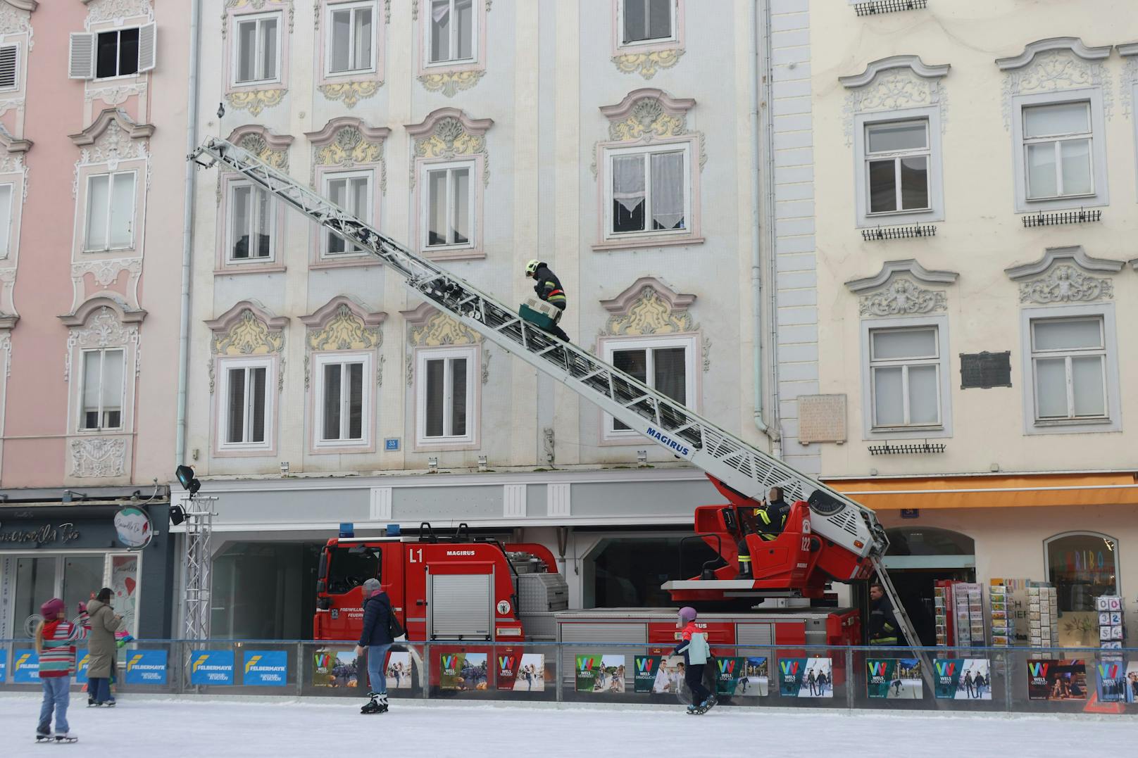 Über eine Drehleiter wagte sich der Retter zum Tier.