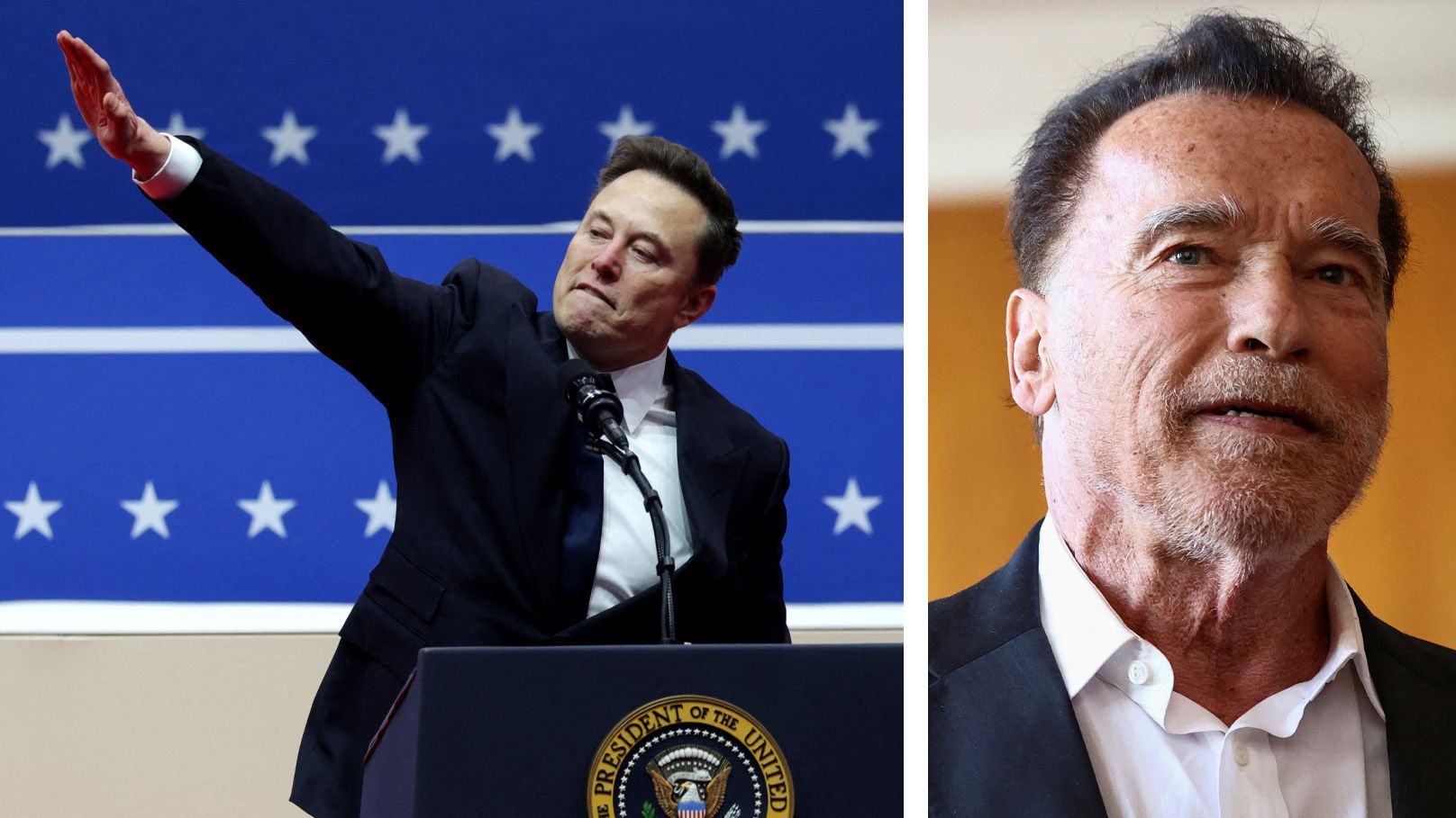 Elon Musk rechtfertigt sich, er wollte mit seinem rechten Arm keinen Hitlergruß zeigen und bringt Schwarzenegger ins Gespräch.
