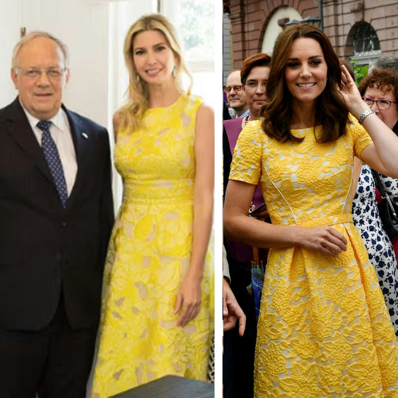 Ivanka Trump trug am 18. Juli 2017 ein Kleid mit gelben Blumenmuster. Am 20. Juli 2017, nur zwei Tage später, hatte Prinzessin Kate ein auffallend ähnliches bei einem Auftritt an.