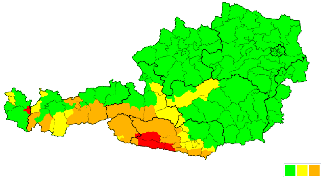 Die aktuellen Unwetterwarnungen. Der Föhn am Alpensüdrand klingt ab, dafür kommen Regen- und Schneemassen.