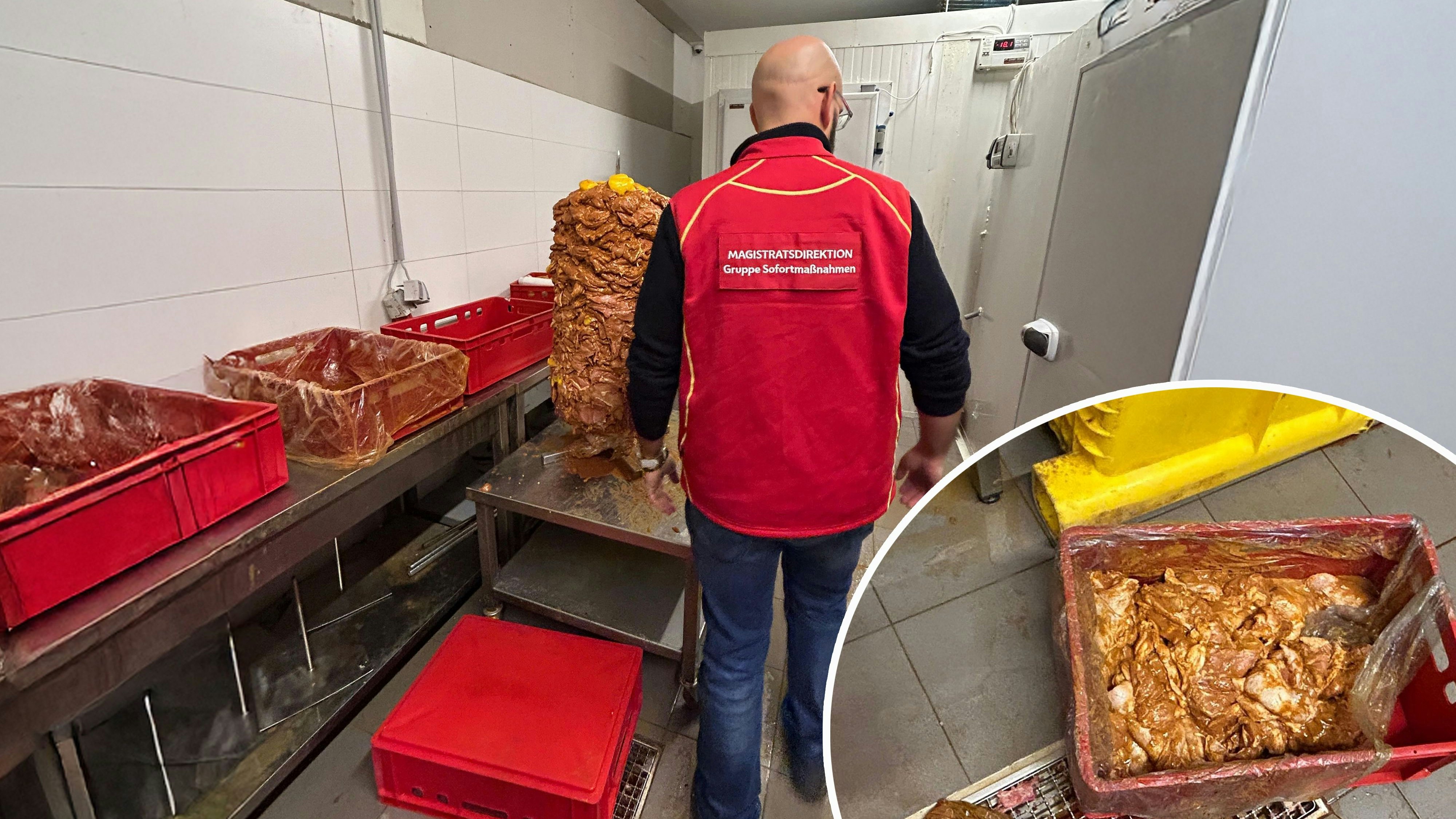 Ein Mitarbeiter der Gruppe Sofortmaßnahmen kontrolliert die hygienischen Zustände in der illegalen Fleischerei, wo ungekühlte Dönerspieße entdeckt wurden.