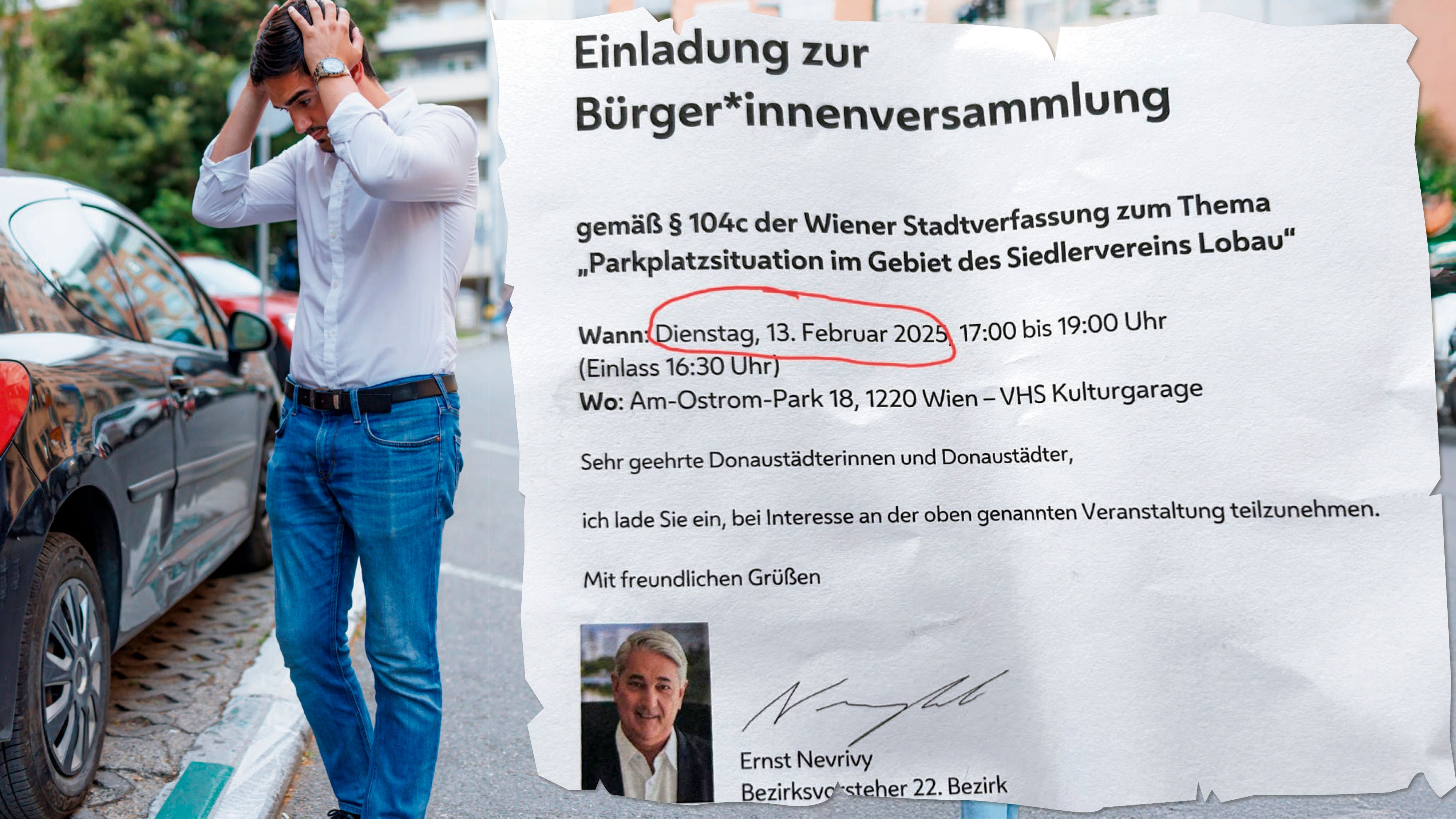 Viele Donaustädter klagen über Parkplatz-Probleme. Eine Bürgerversammlung soll diese nun lösen. Doch bei der Einladung gab es eine Panne.