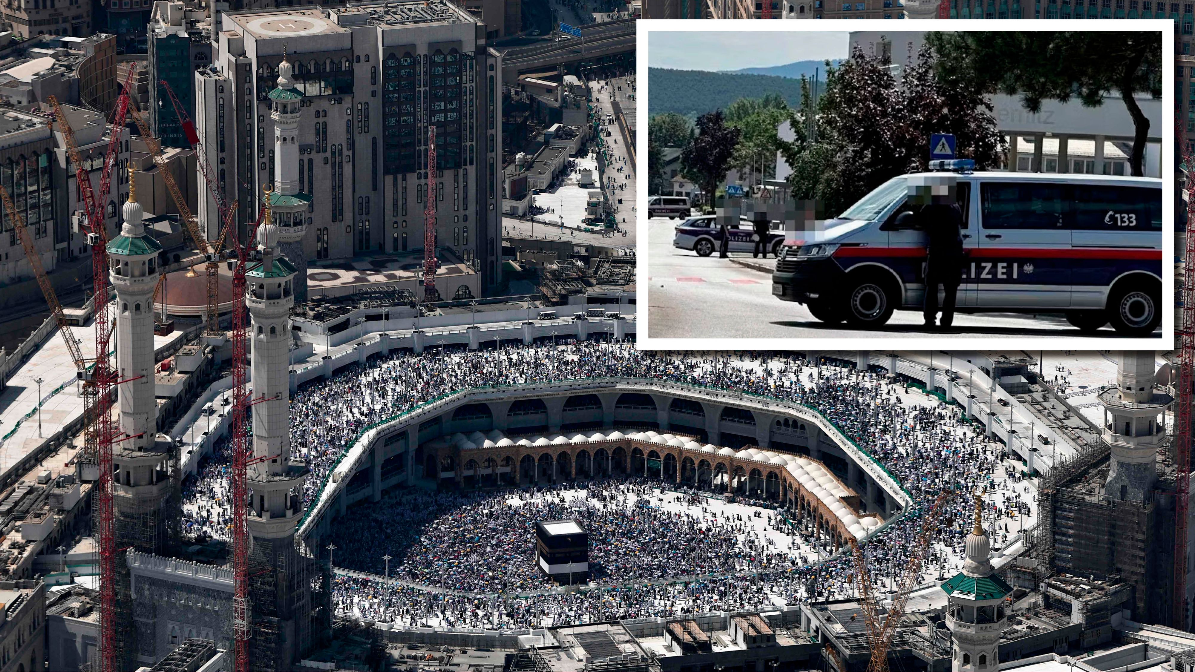 Anschlag in Mekka – der Verdächtige hatte enge Kontakte zu Beran A. (kleines Bild: Polizeieinsatz in Ternitz)