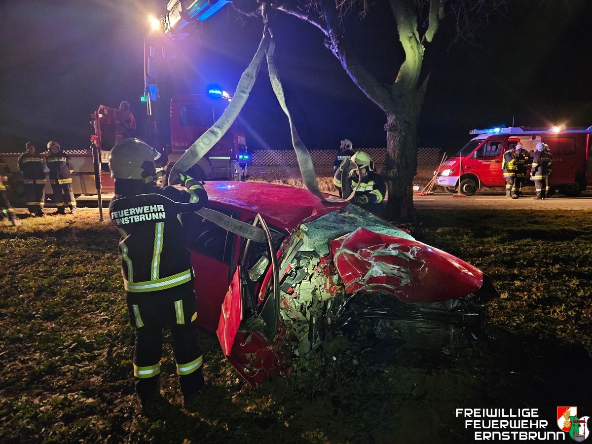 Das Fahrzeug wurde durch den Zusammenprall mit dem Baum komplett zerstört.