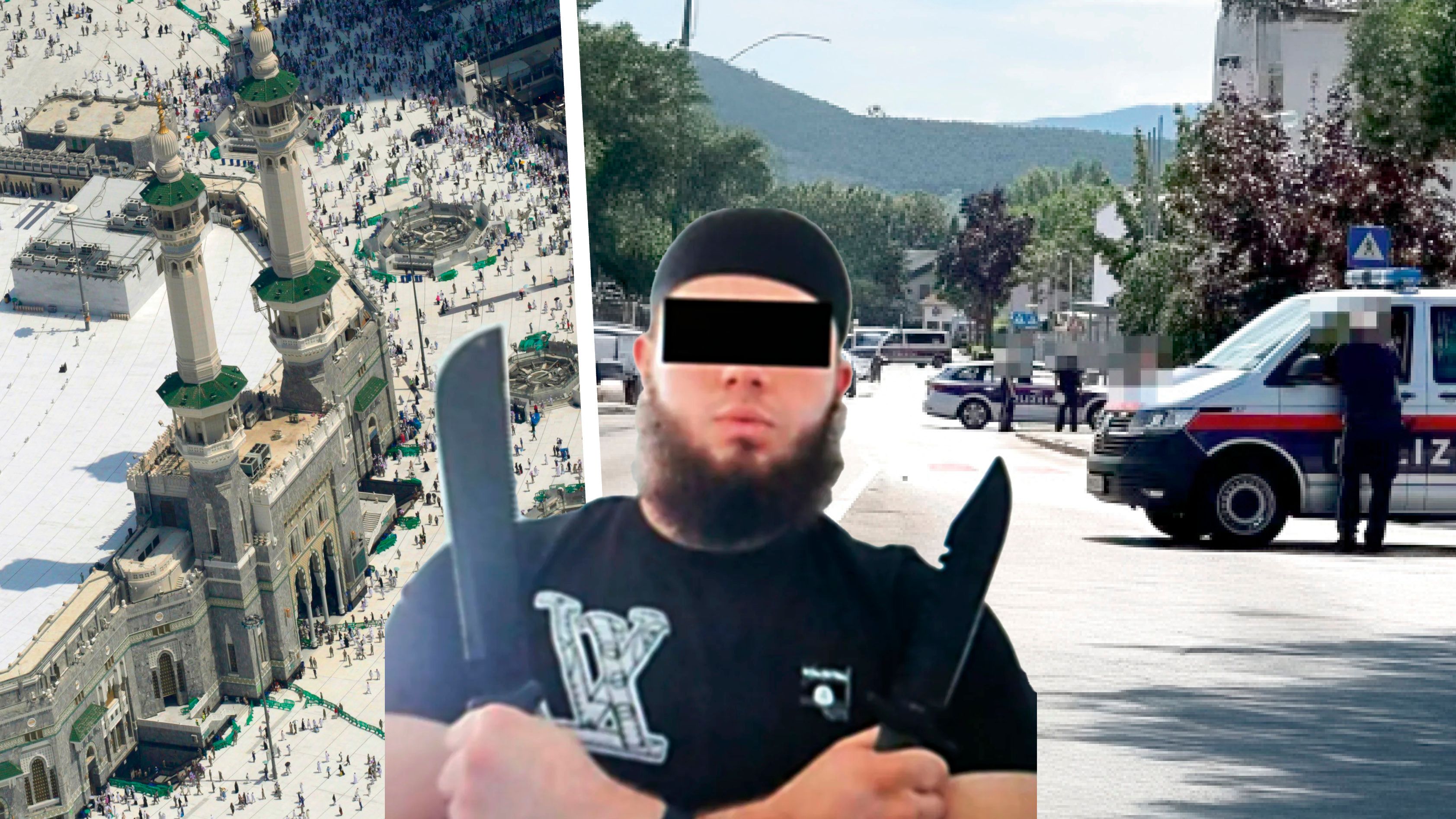 Hasan E. (20) aus NÖ soll in Mekka (l.) fünf Opfer niedergestochen haben – Kontakt hatte er zu Beran A. (20, Foto und Einsatz in Ternitz) und einem dritten IS-Sympathisanten.