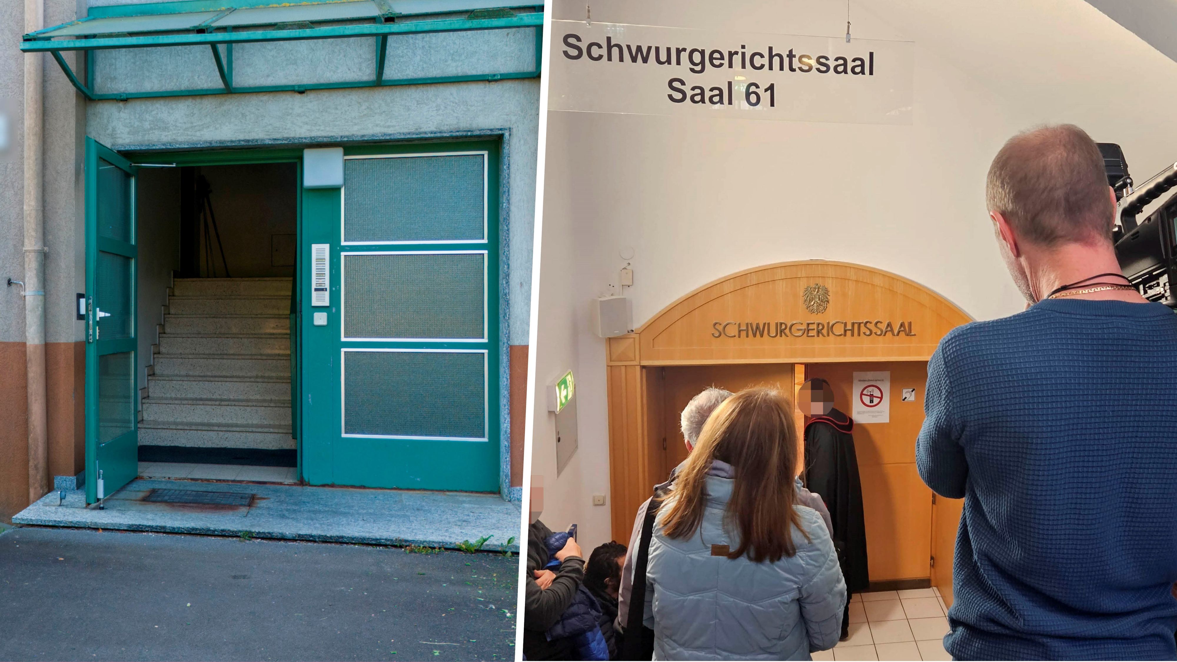 Das Opfer konnte sich in ein Mehrparteienhaus (links) retten, seit kurz nach 9 Uhr muss sich der Angeklagte im Schwurgerichtssaal verantworten.