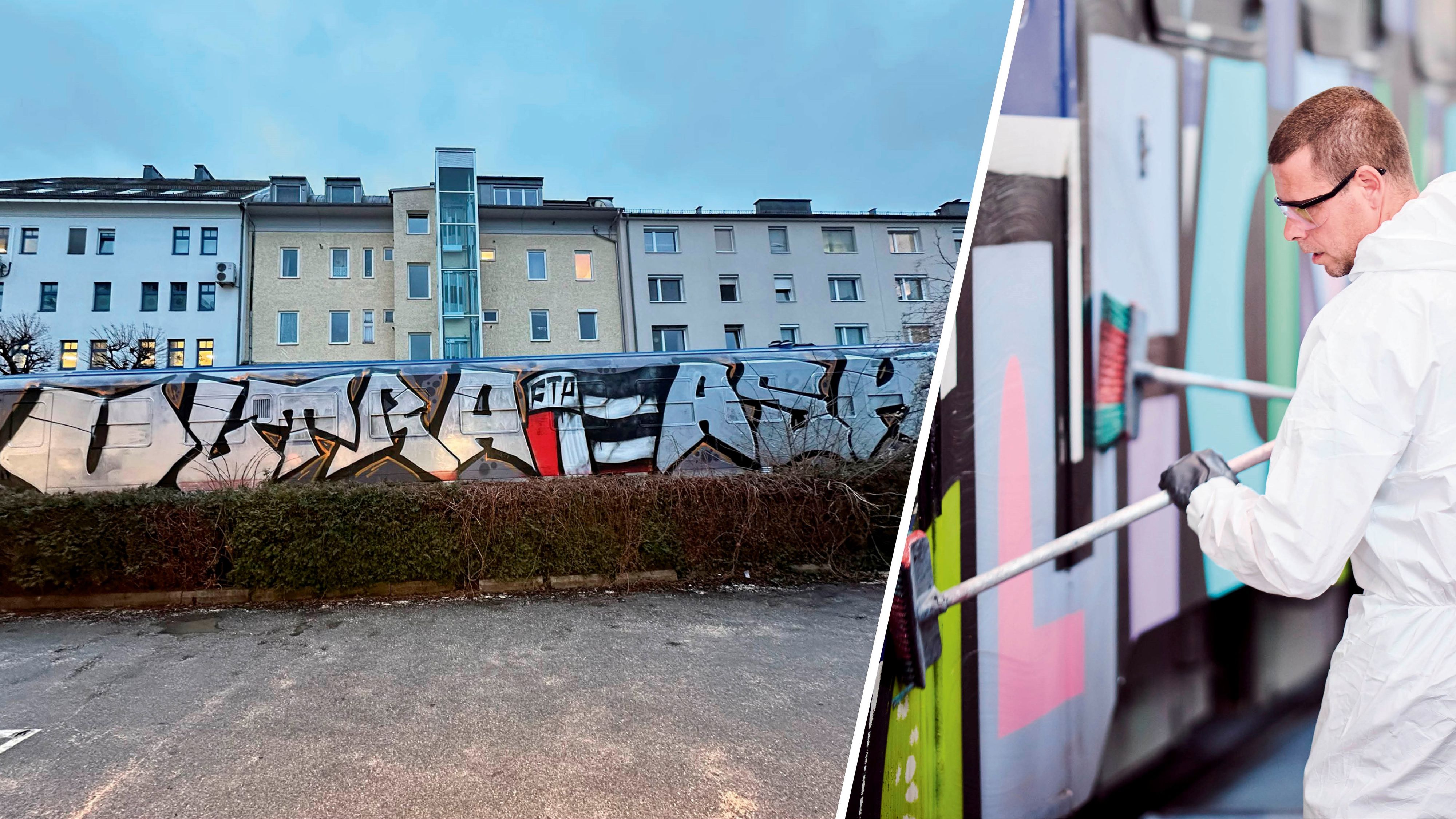 Fußball-Fans beschmierten eine ÖBB-Garnitur. Rechts im Bild: Mitarbeiter beim Reinigen eines anderen Zugs.