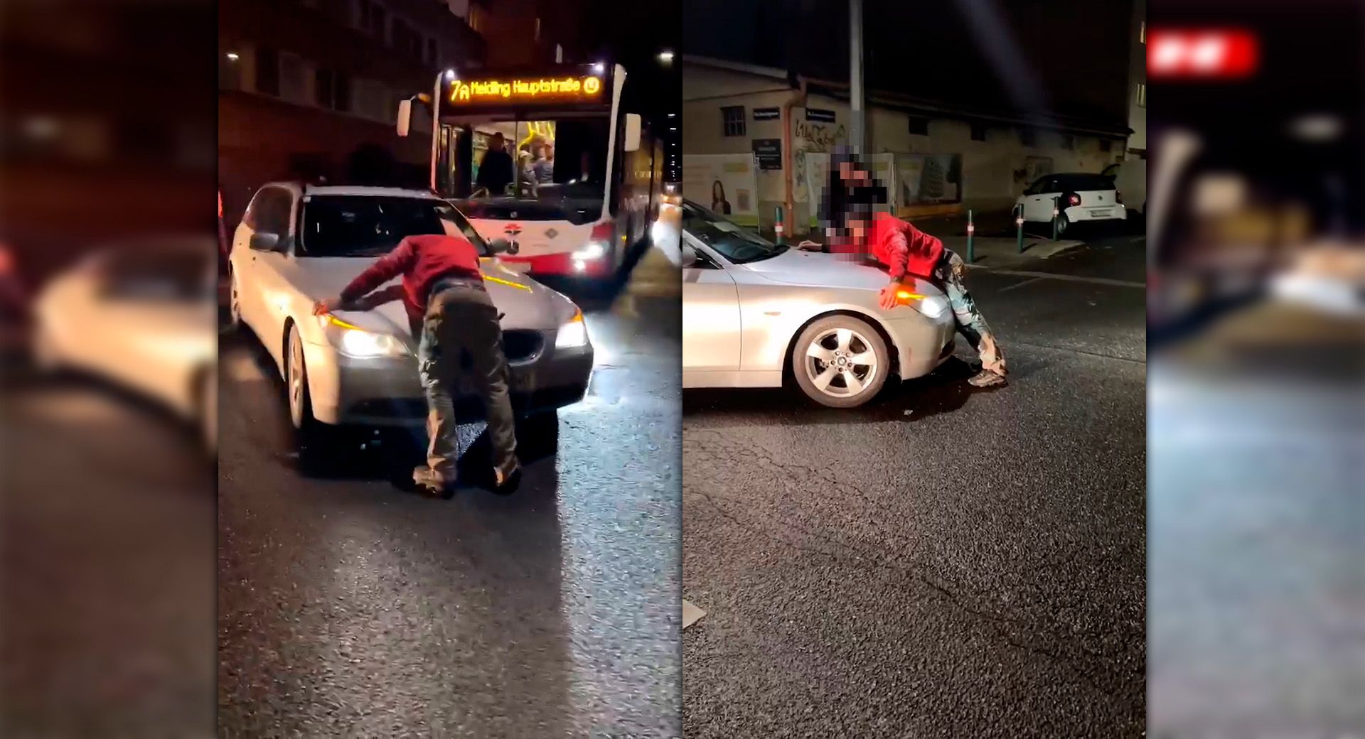 Ein unbekannter Mann legte sich auf ein Auto und blieb so liegen.