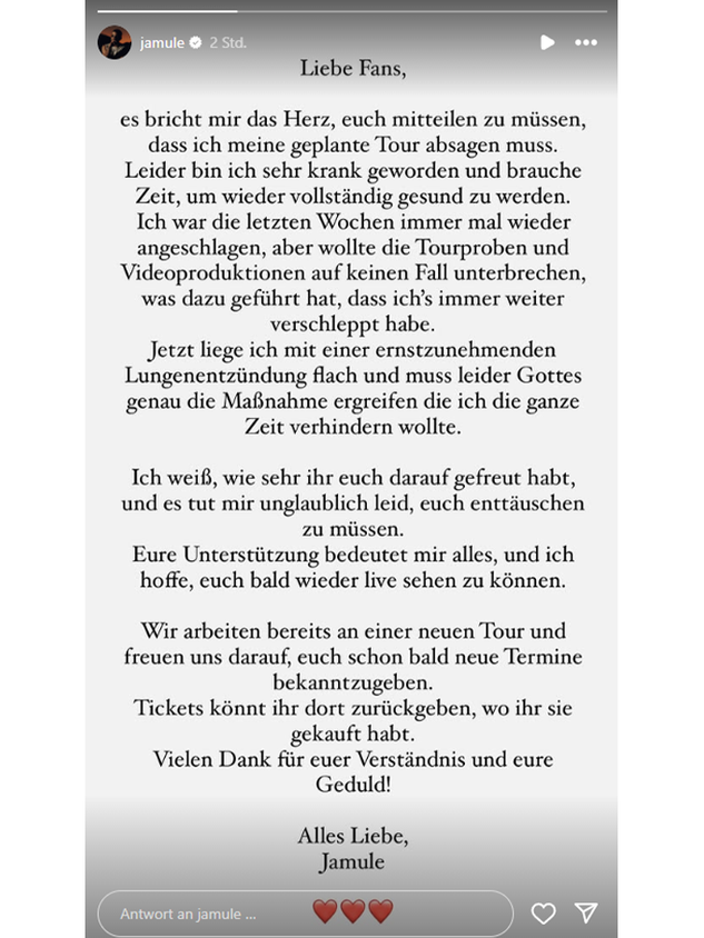 Rapper Jamule verkündet die traurige Nachricht auf seinem Instagram-Profil.