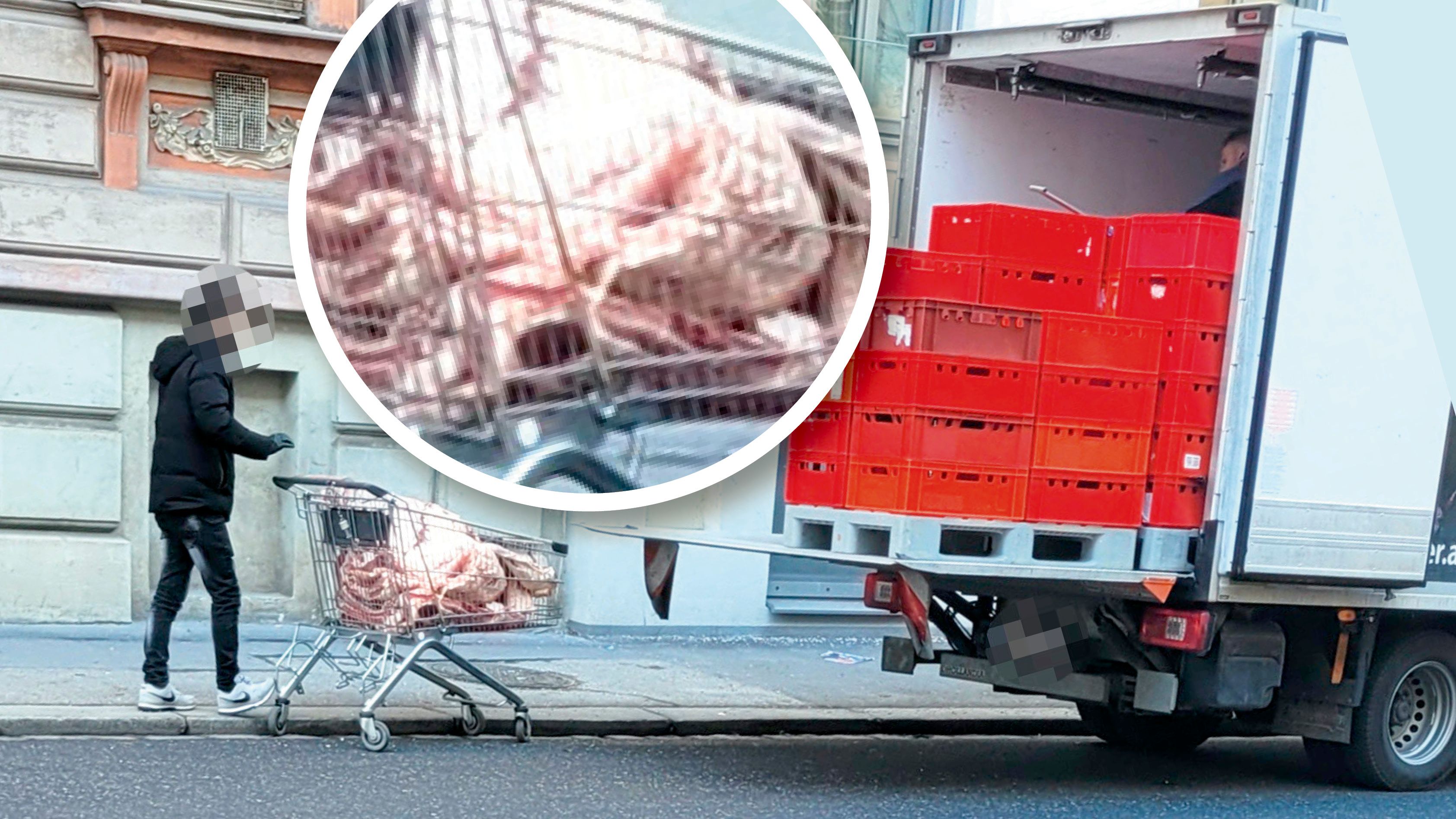 Das rohe Fleisch wurde scheinbar in einem Einkaufswagerl transportiert.