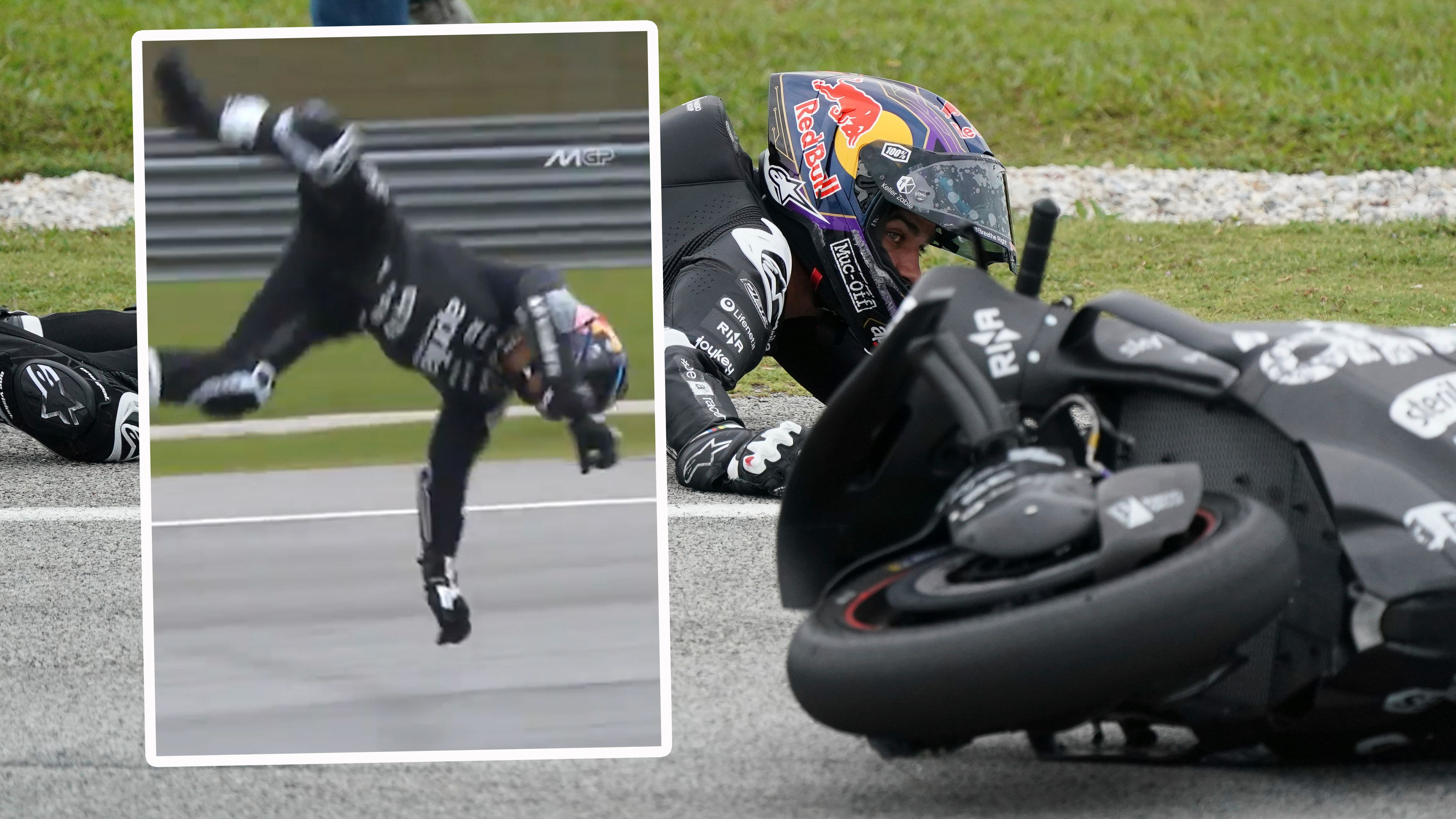 Jorge Martin schlägt nach dem Highsider hart mit dem Kopf am Asphalt auf.