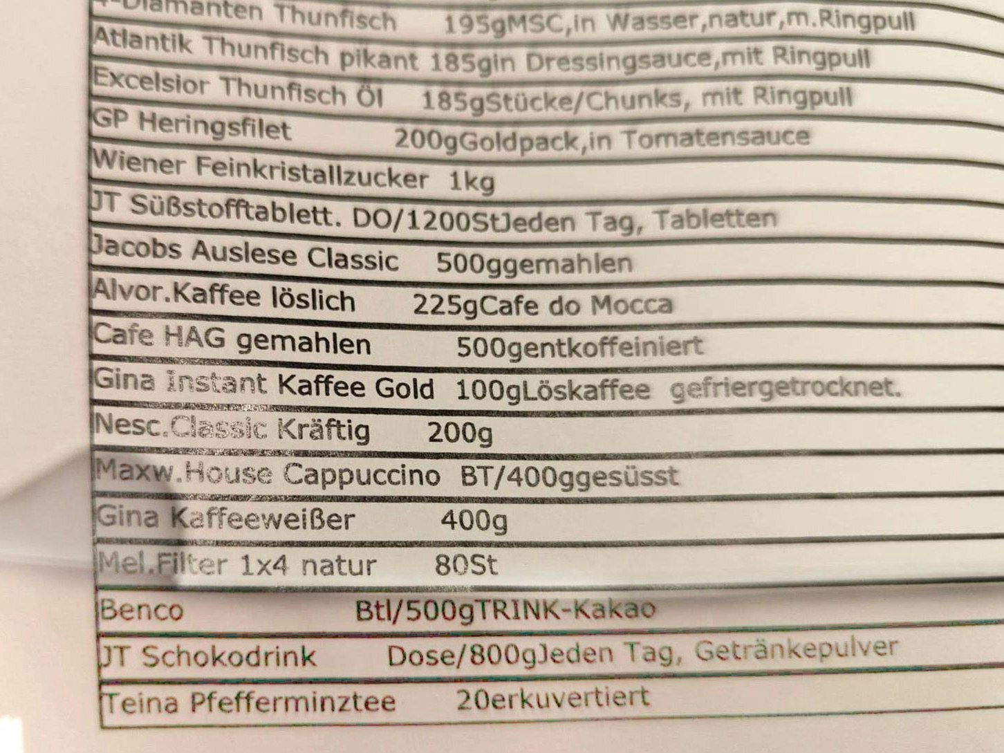 Ein Auszug der aktuellen Ausspeise-Liste für Häftlinge aus der JA Josefstadt zeigt: Benco-Kakao ist bestellbar.