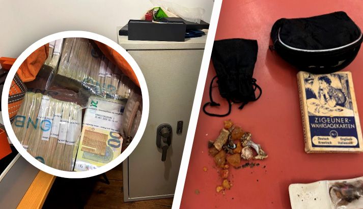 Gefundenes Geld im versteckten Tresorraum aus dem Anwesen in NÖ – auch okkulte Gegenstände und Tarot-Karten lagen in einem der vielen Zimmer.
