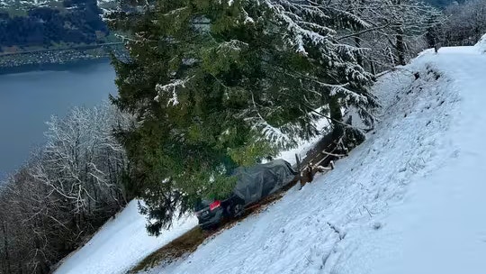 Gersau: Hoch über dem Vierwaldstättersee ist das Auto am Abhang gesichert.