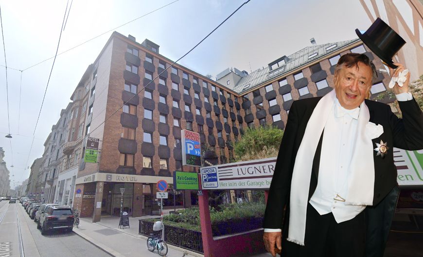 Richard Lugner in einer Foto-Montage vor dem Hotel Kaffeemühle, das nun von der deutschen Atomis GmbH übernommen wird – ein neuer Abschnitt für das traditionsreiche Haus im 7. Wiener Bezirk.