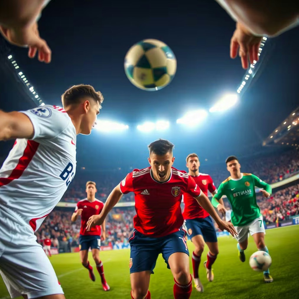Prompt: Ein intensives Foto eines Fußballspiels aus einem verrückten Winkel.