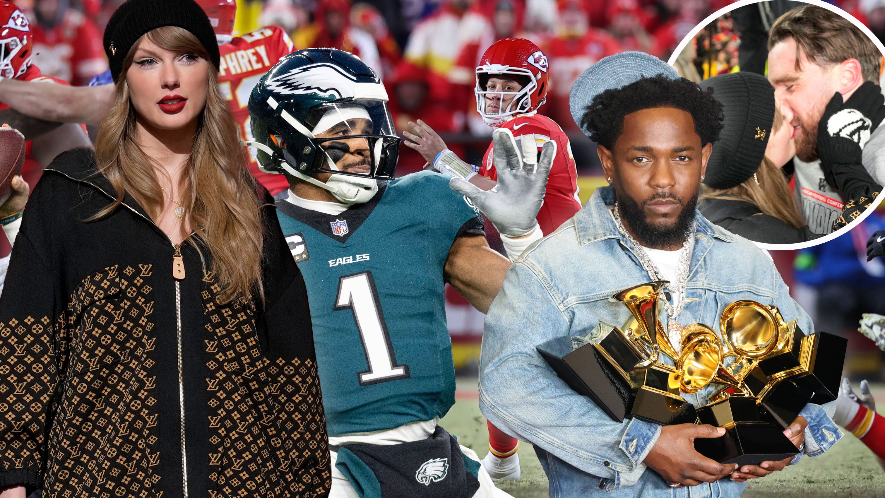 Taylor Swift und Travis Kelce wollen mit Star-Quarterback Pat Mahomes die nächste Super-Bowl-Party feiern. Eagles-Star Jalen Hurts hat was dagegen. Zur Halbzeit heizt Rap-Star Kendrick Lamar ein.
