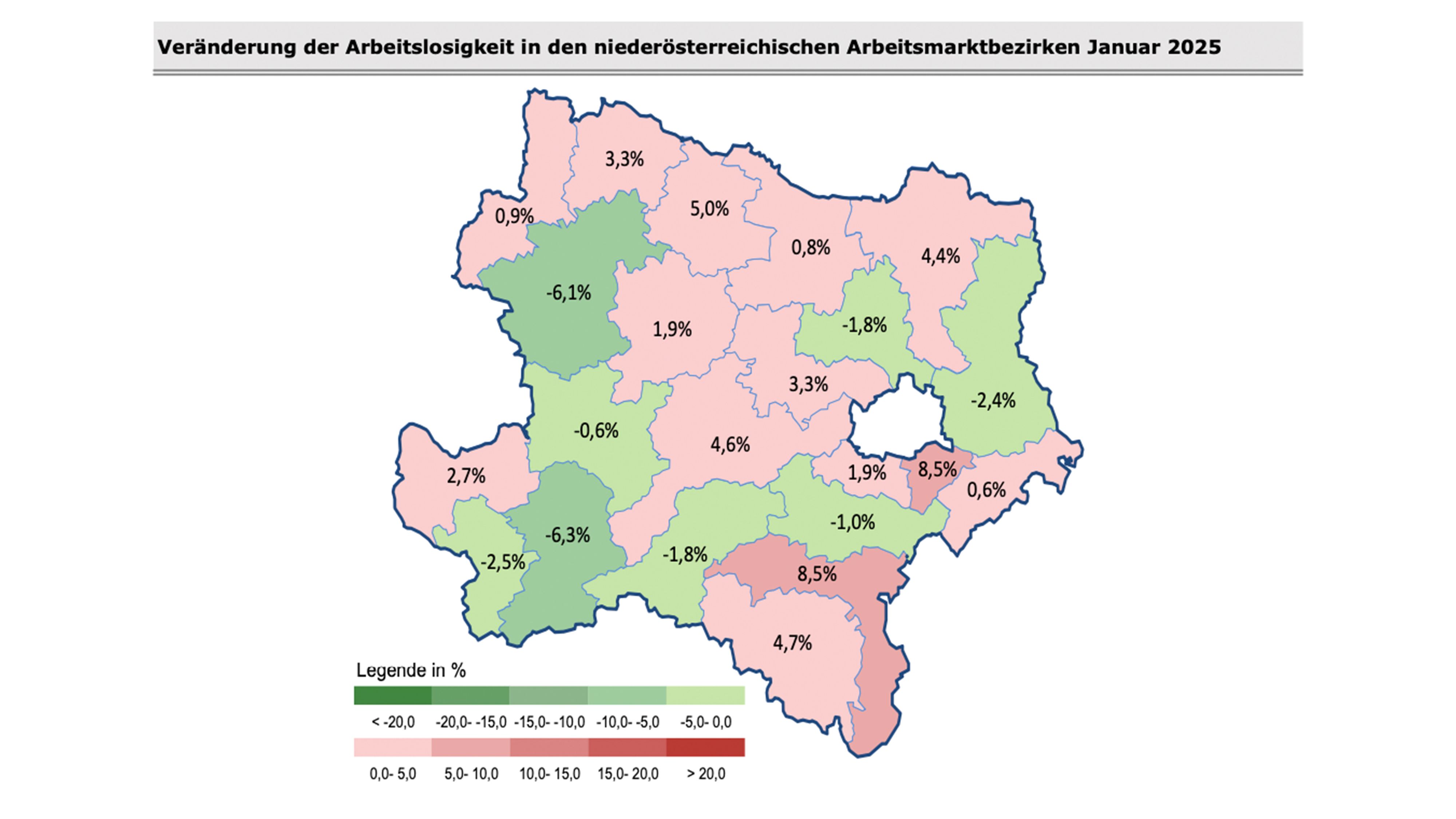 Den stärksten Anstieg bei der Arbeitslosigkeit gab es in Wr. Neustadt und Schwechat (+8,5 Prozent), während Scheibbs (-6,3 Prozent) und Zwettl (-6,1 Prozent) den höchsten Rückgang verzeichnen konnten.