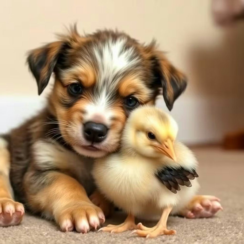 Prompt: Ein Welpe kuschelt mit einem Küken.