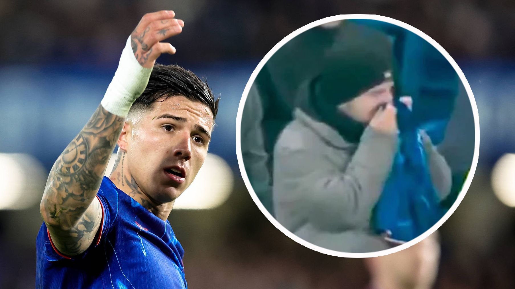 Enzo Fernandez wirft seine Hose ins Publikum. Ein Fan riecht daran.