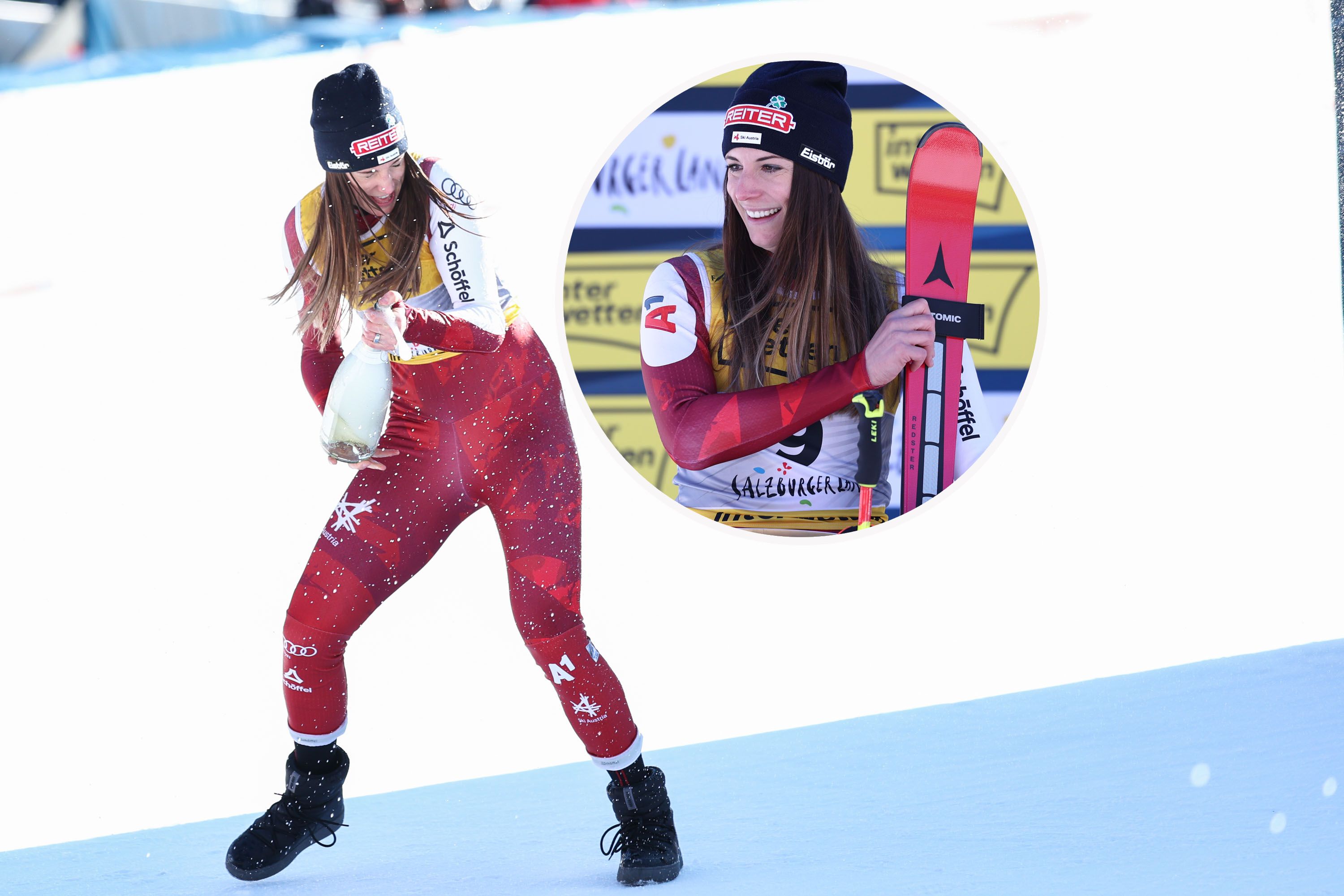 Mirjam Puchner gönnte sich nach ihrer Silberfahrt eine Sektdusche.