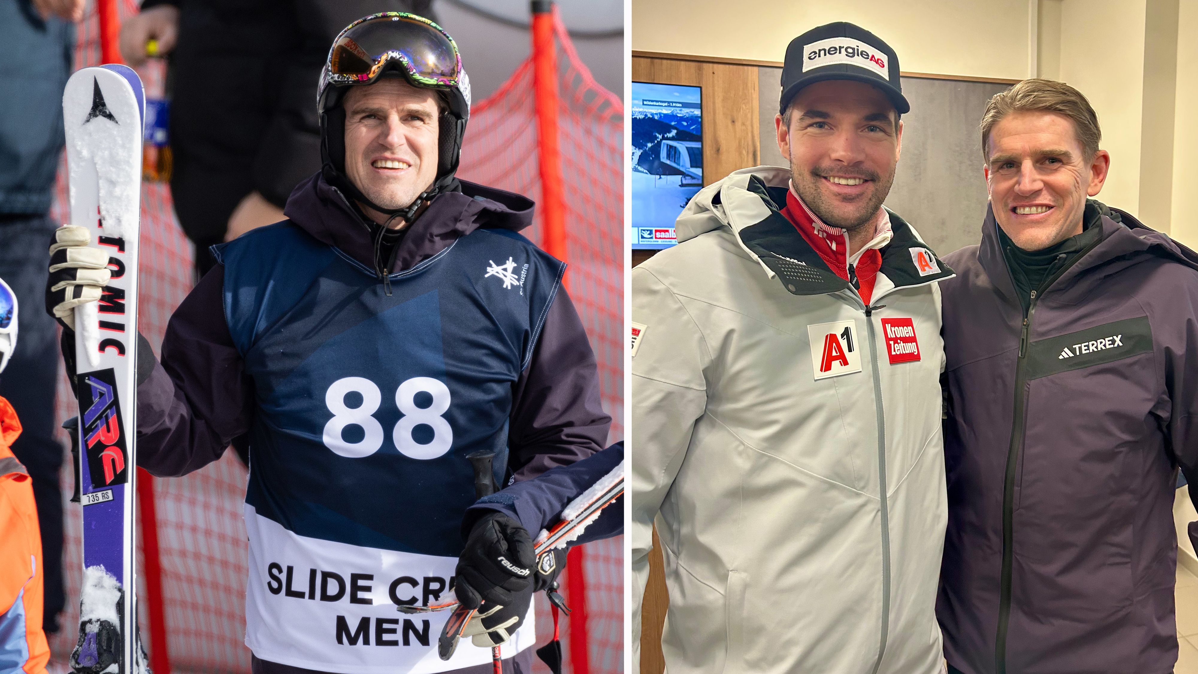 Christoph Freund als Pistenrutscher in Saalbach und beim Selfie mit Vincent Kriechmayr.