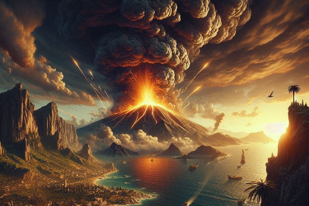 So stellt sich die KI die Santorin-Eruption etwa 1.700 vor Christi vor.