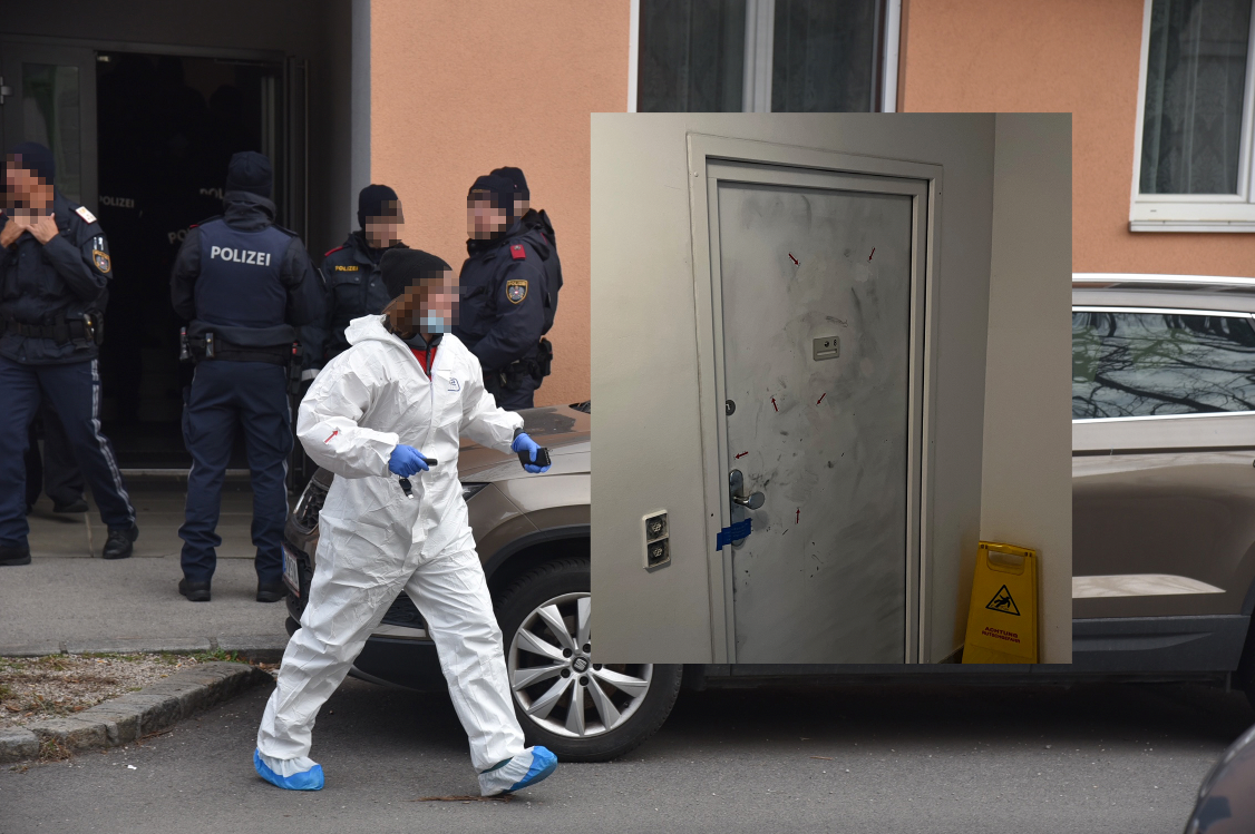Bluttat in Baden: Ermittler am Tatort; hinter dieser Tür wurde die Leiche gefunden