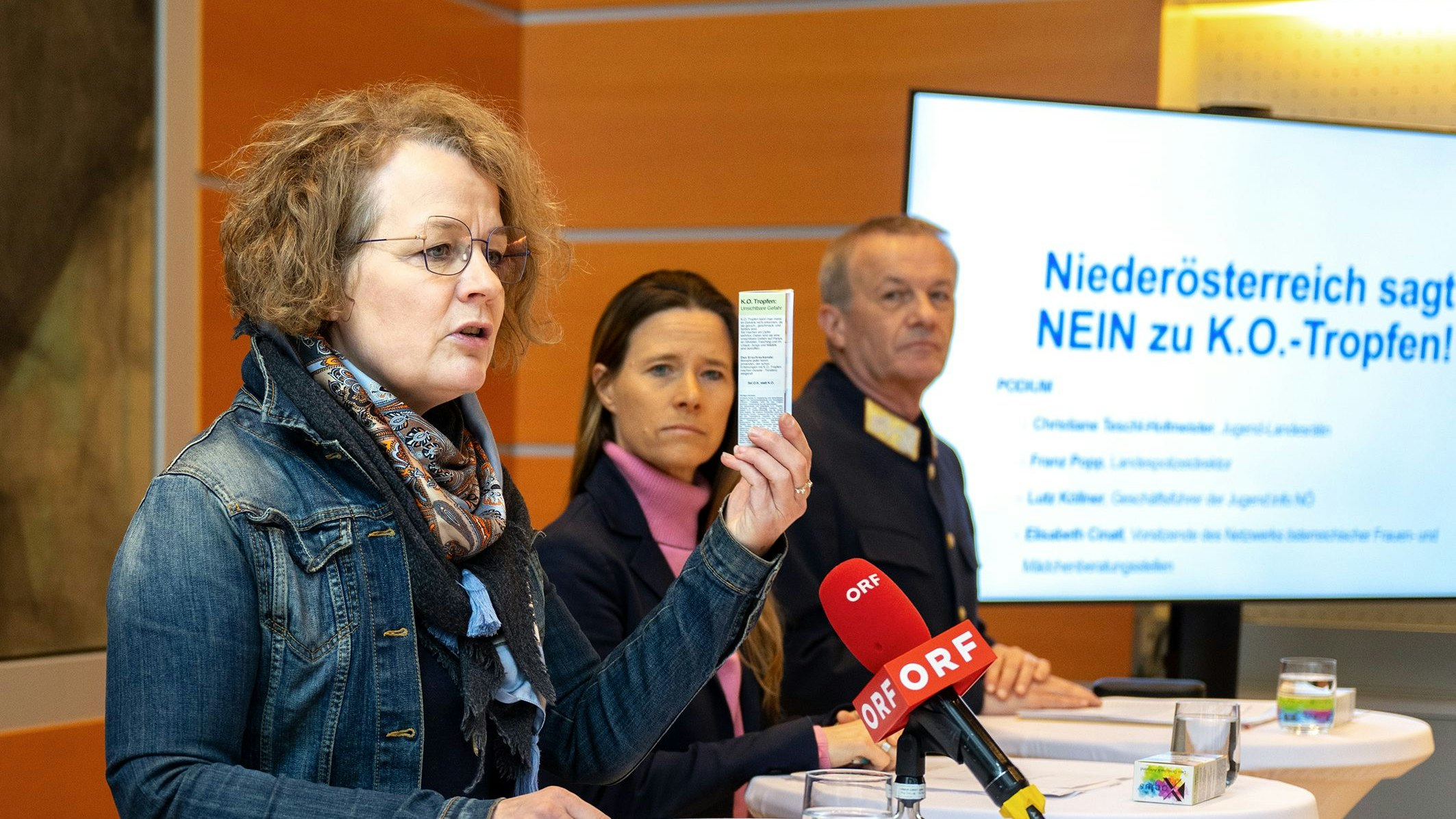 Jugend-Landesrätin Christiane Teschl-Hofmeister, Vorstandsvorsitzende des Netzwerks österreichischer Frauen- und Mädchenberatungsstellen Elisabeth Cinatl und Landespolizeidirektor Franz Popp bei der Kampagnen-Präsentation in St. Pölten