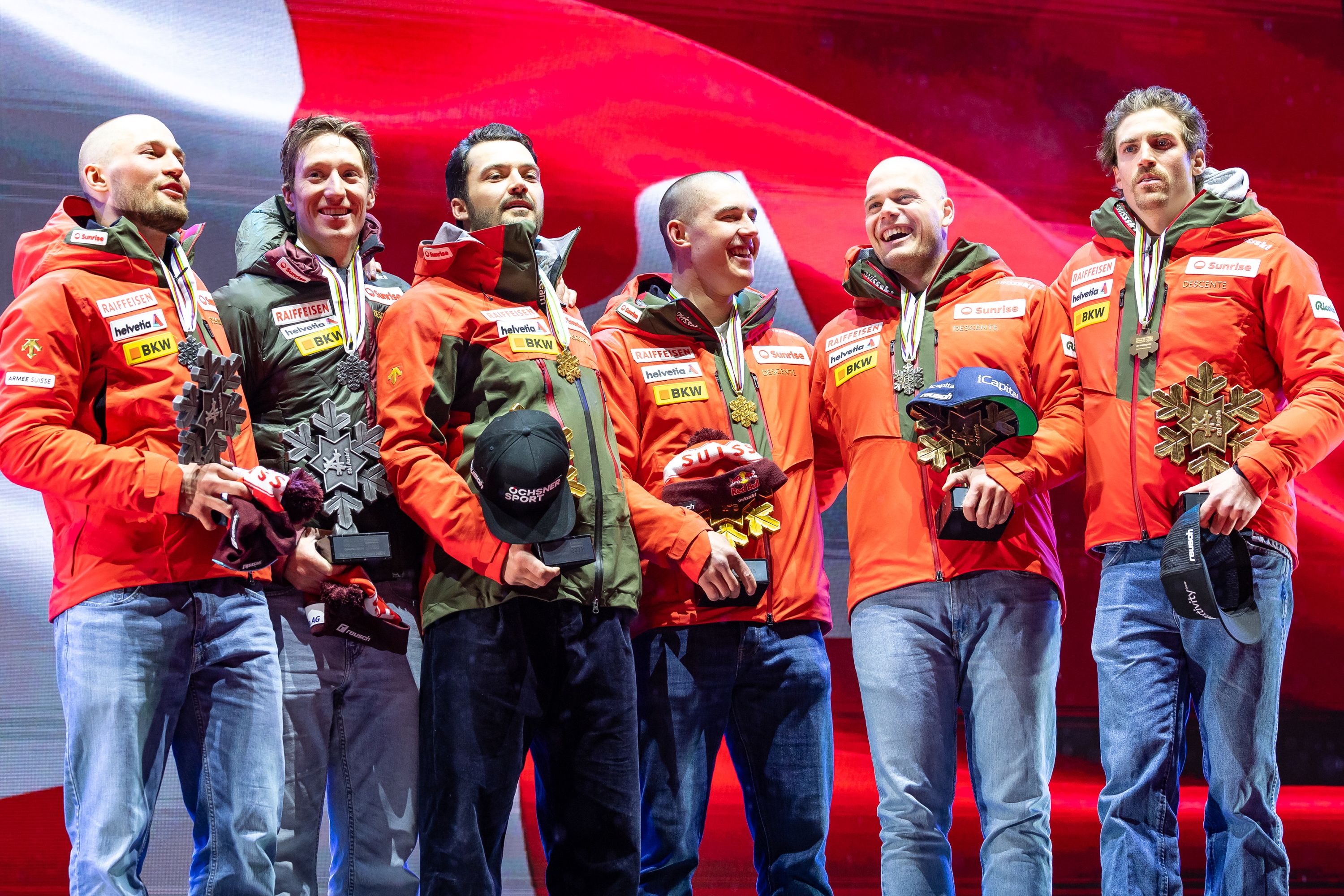 Das rein Schweizer Sieger-Stockerl bei der WM-Team-Kombination der Männer am Mittwoch in Saalbach. 