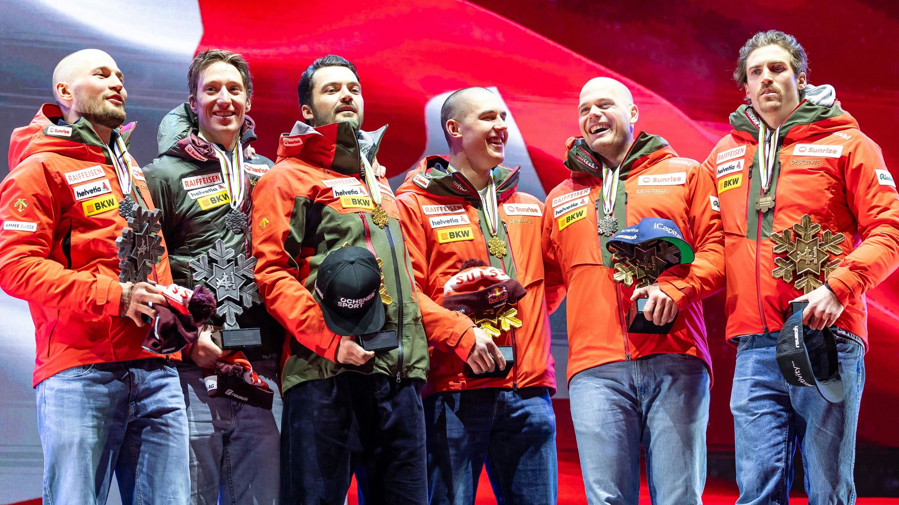 Das rein Schweizer Sieger-Stockerl bei der WM-Team-Kombination der Männer am Mittwoch in Saalbach. 