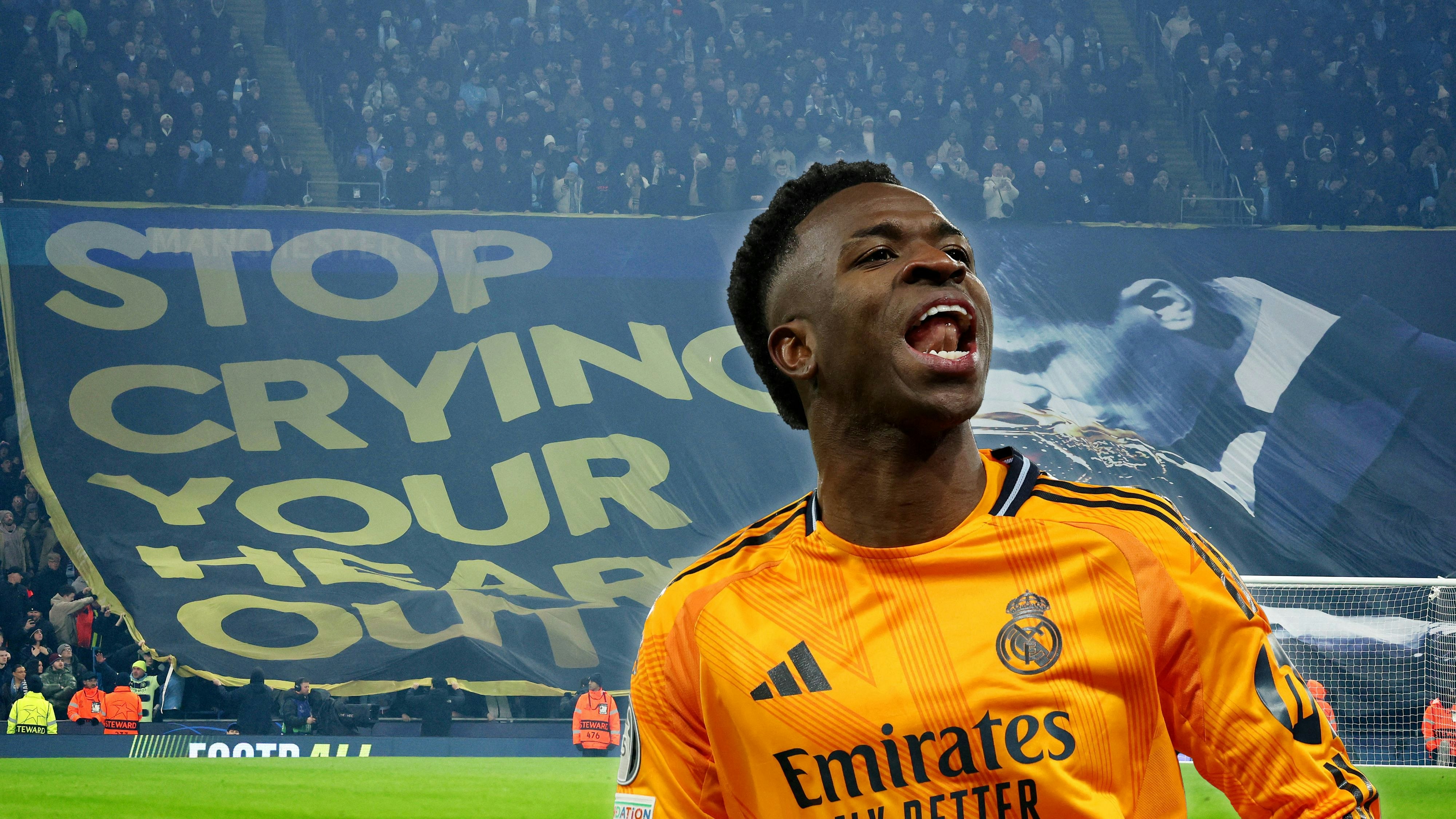 City-Fans an Vinicius Junior: "Stop crying your heart out." Sie provozieren den Real-Star mit dem verpassten Ballon d'Or.