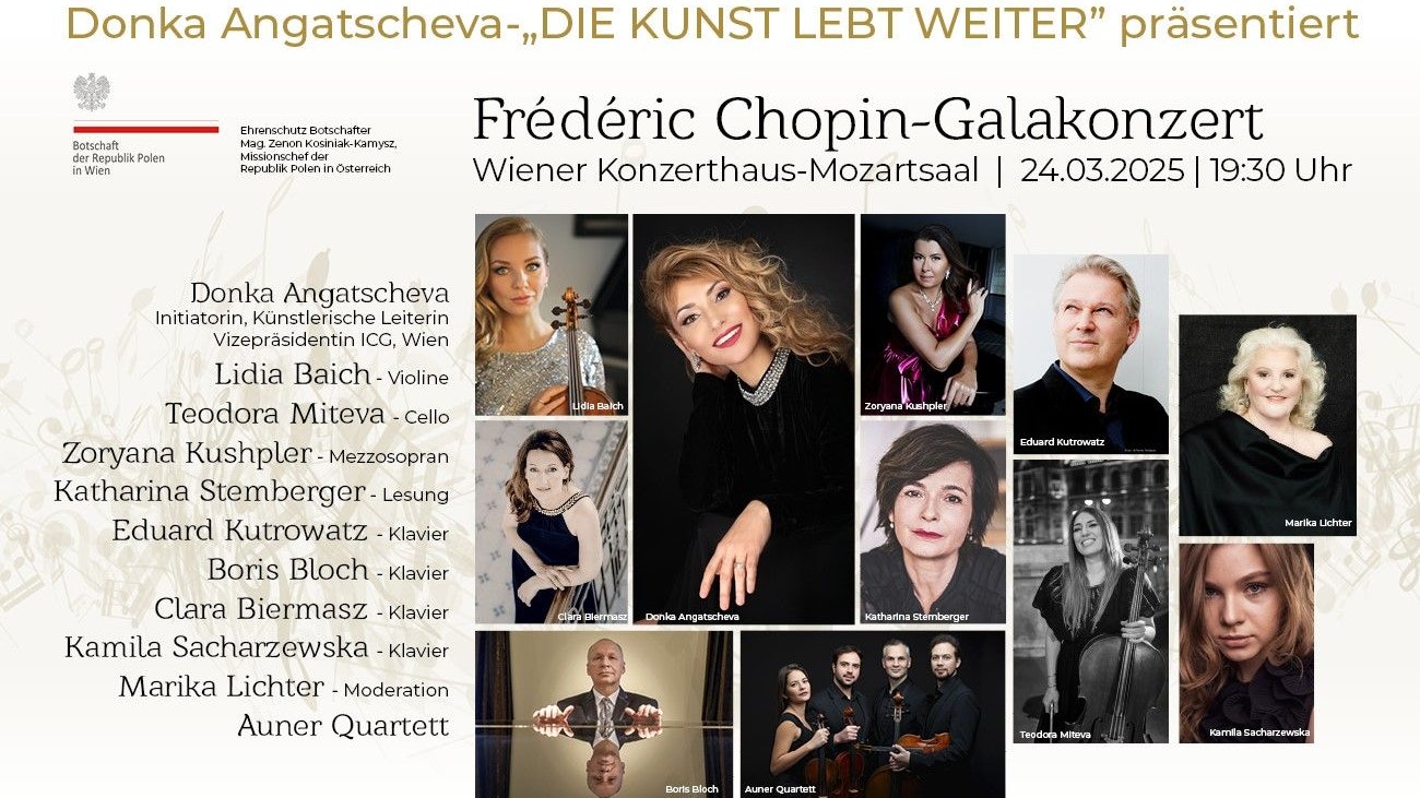 Frédéric Chopin Gala findet am 24.3 im Mozart Saal im Wiener Konzerthaus statt.