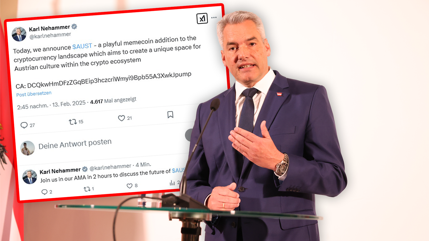 Ex-ÖVP-Bundeskanzler Karl Nehammer X-Account wurde gehackt.