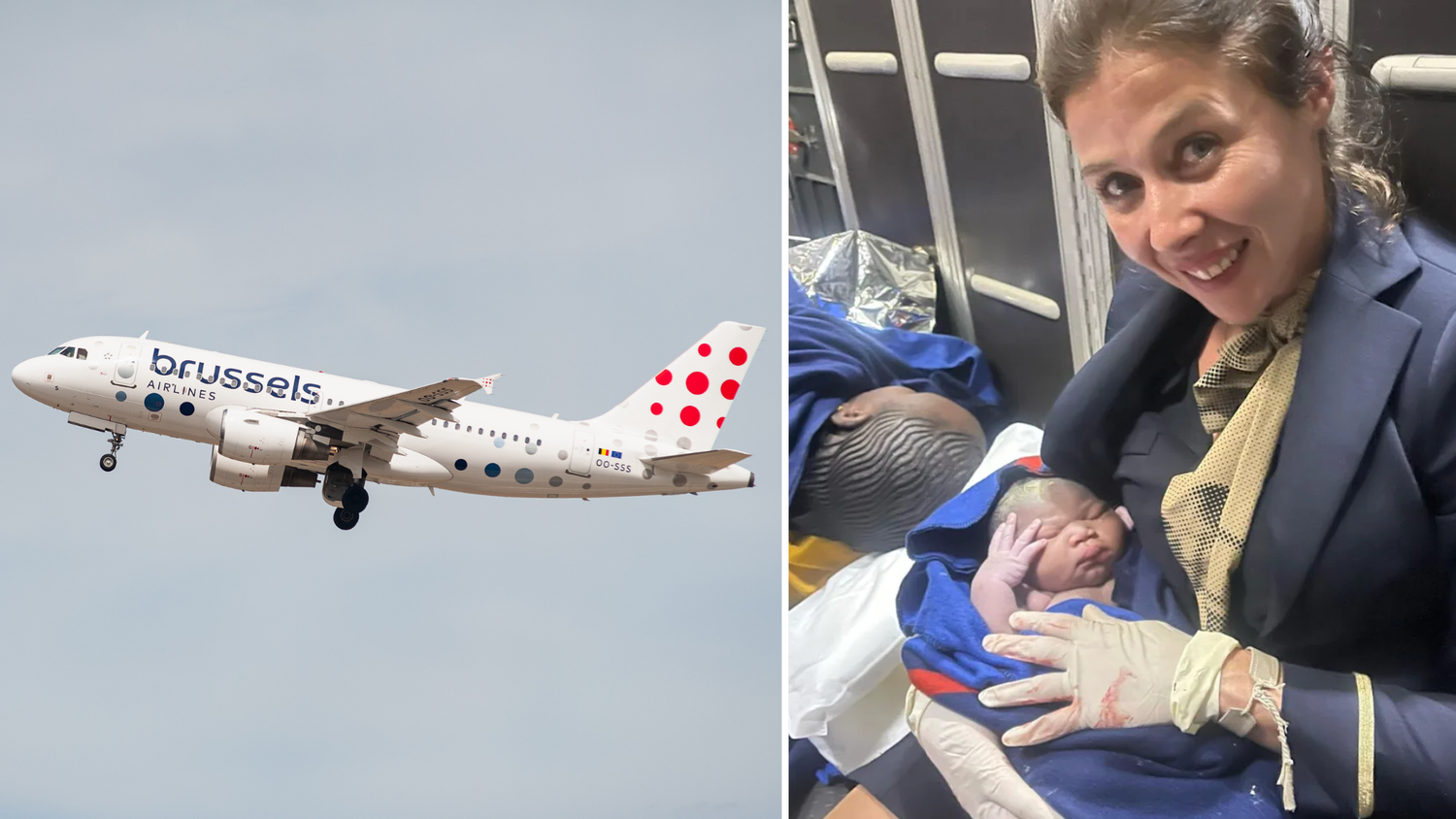 Baby Fanta im Arm von Flugbegleiterin Jennifer. Mama Ndeye liegt erschöpft in der Bordküche.