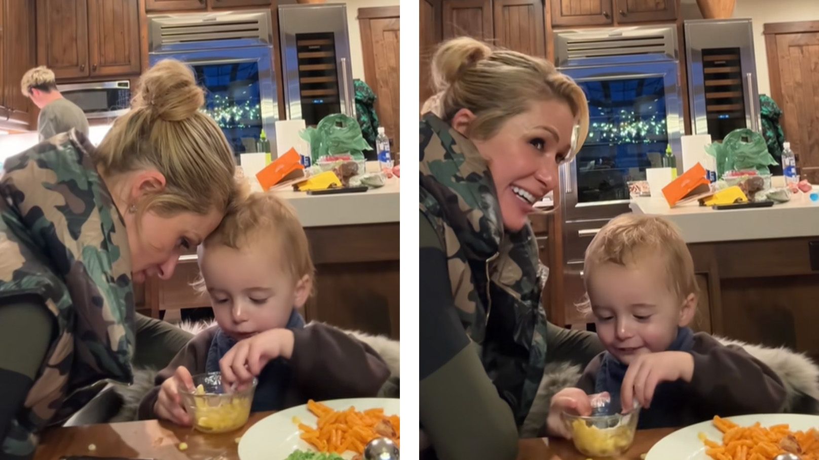 Paris Hiltons Sohn schimpft und sie lacht.