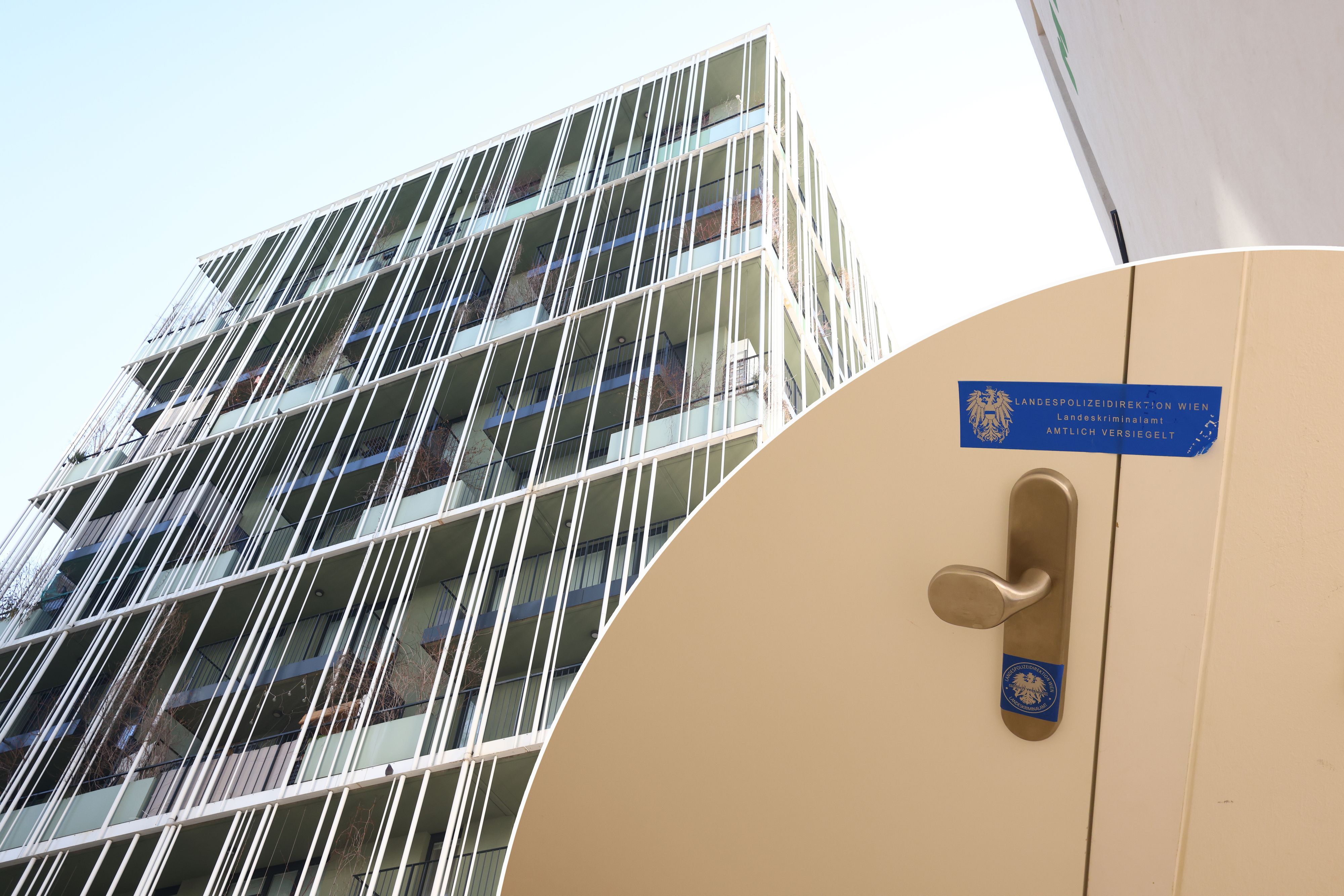 Das Apartmenthaus, in dem sich der Mord ereignete. Die Tür der Wohnung ist nun von der Wiener Landespolizeidirektion versiegelt.