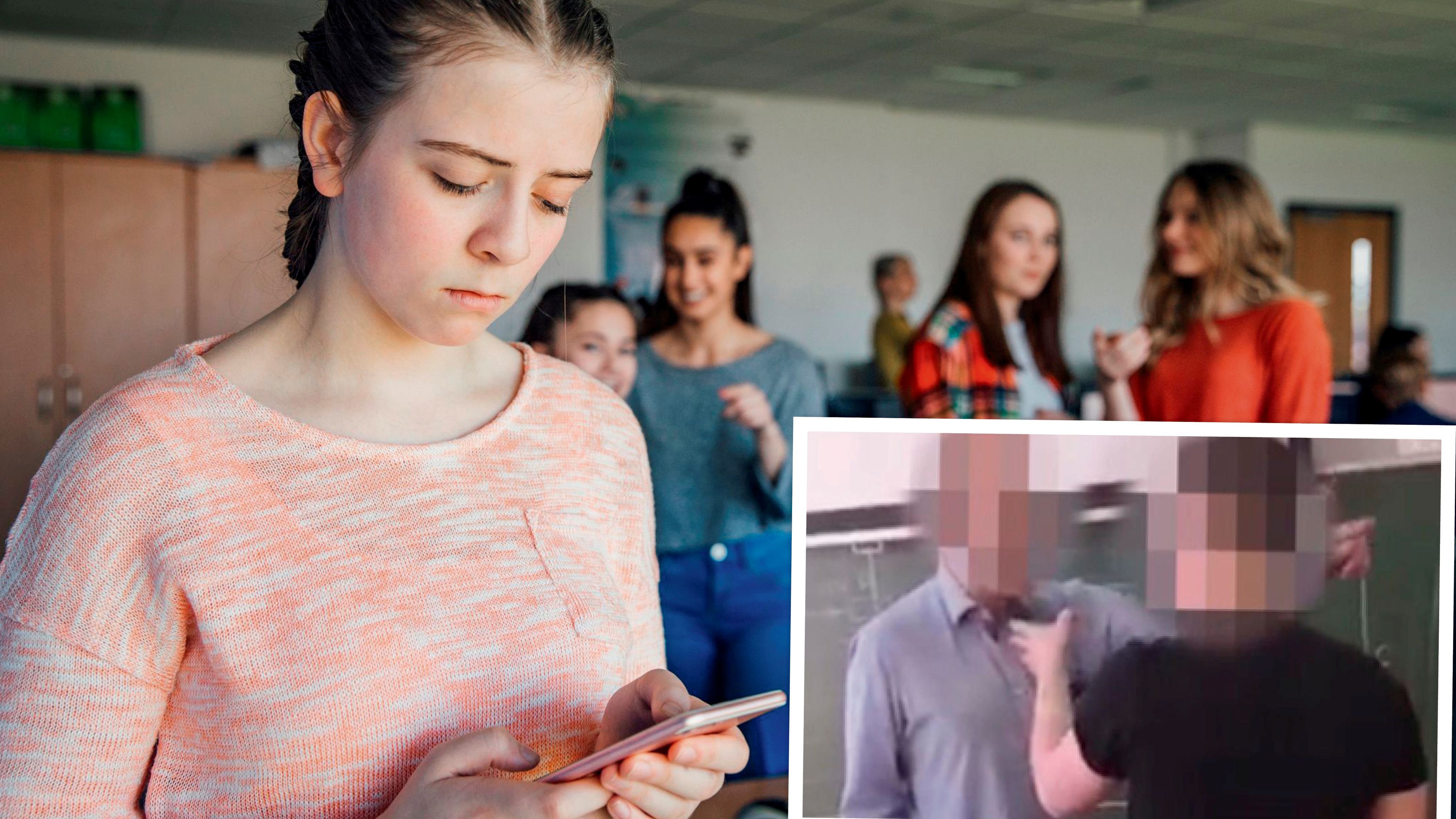 Ein Lehrer wird verprügelt (kleines Foto), das Video wird per Handy geteilt.